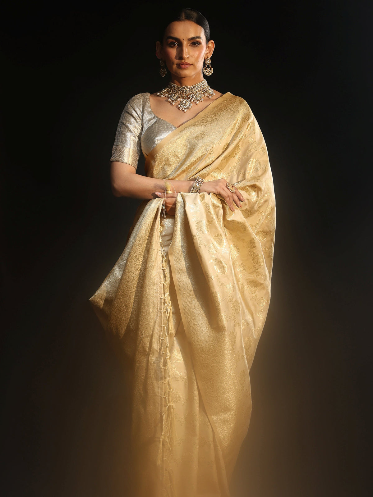Anouk Cream Banarasi Silk Blend Saree