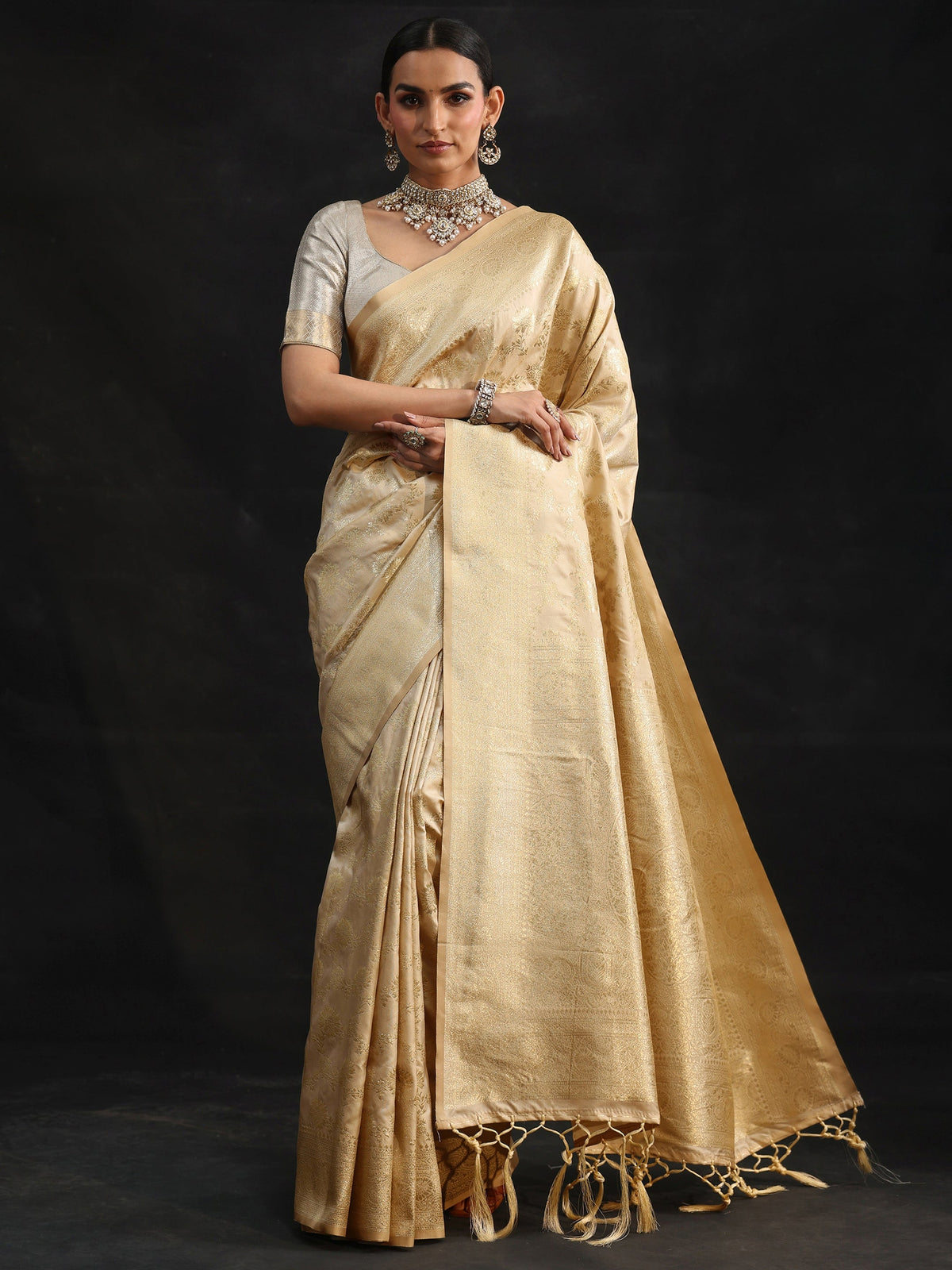 Anouk Cream Banarasi Silk Blend Saree
