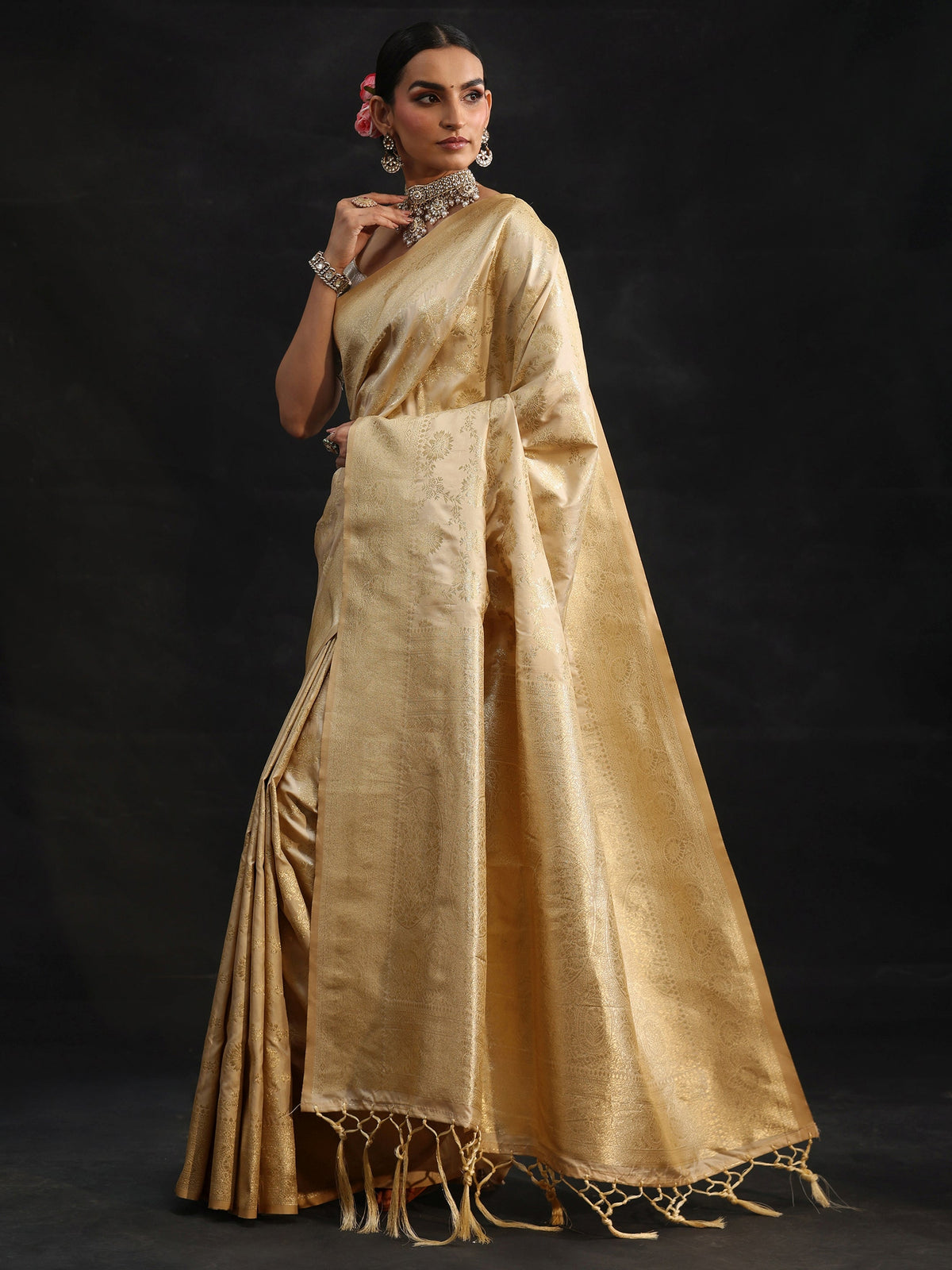 Anouk Cream Banarasi Silk Blend Saree