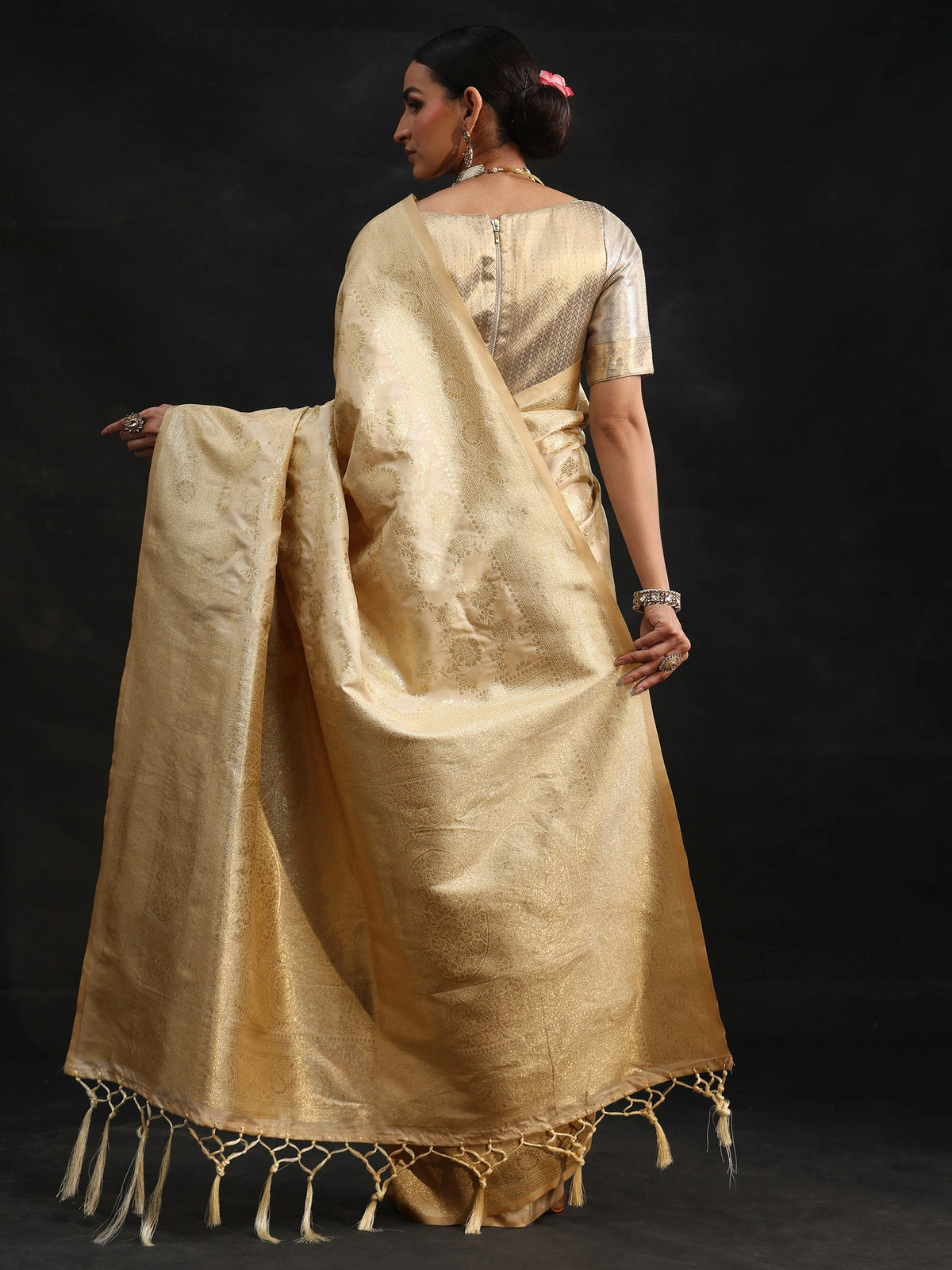 Anouk Cream Banarasi Silk Blend Saree