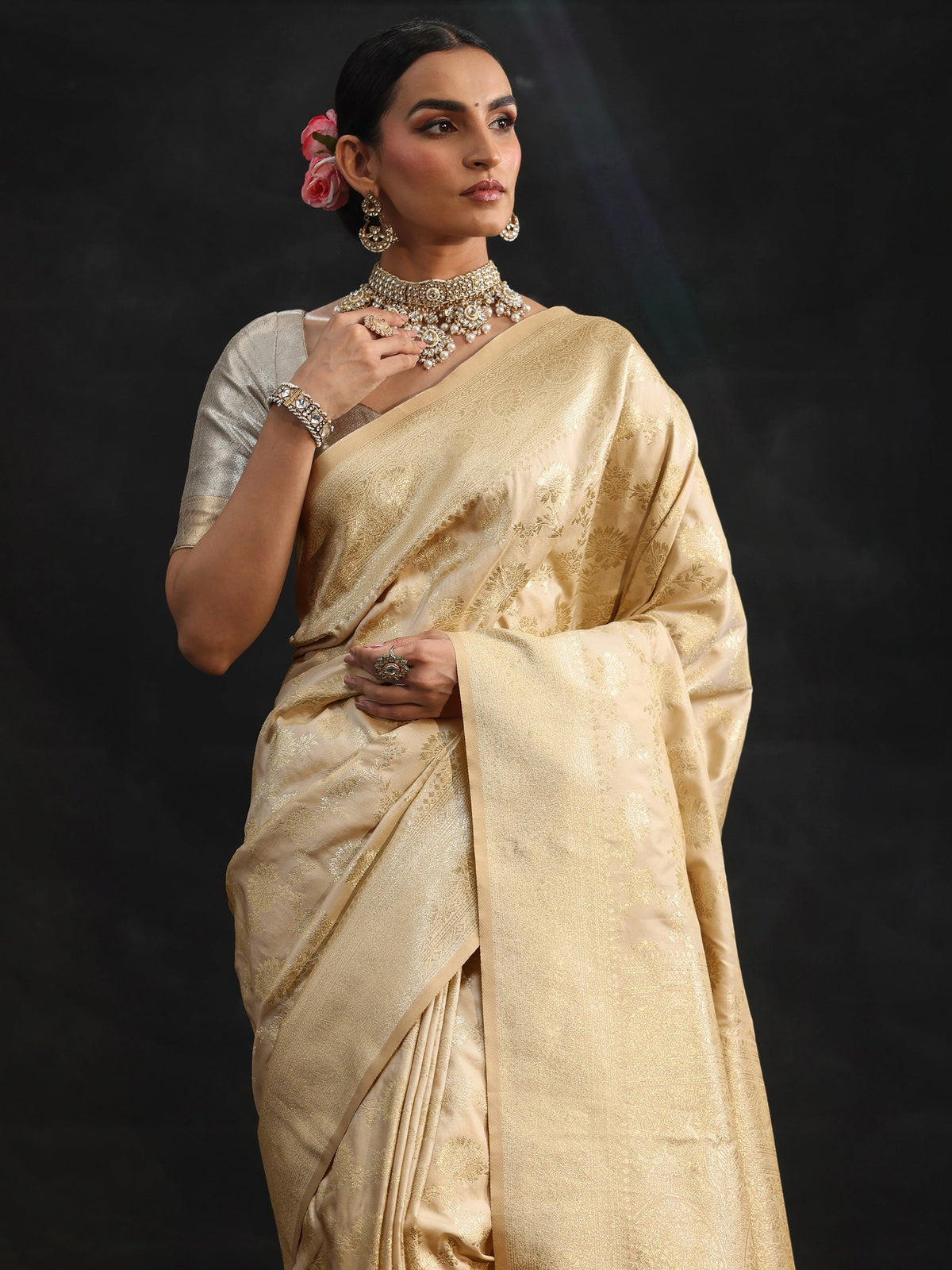 Anouk Cream Banarasi Silk Blend Saree