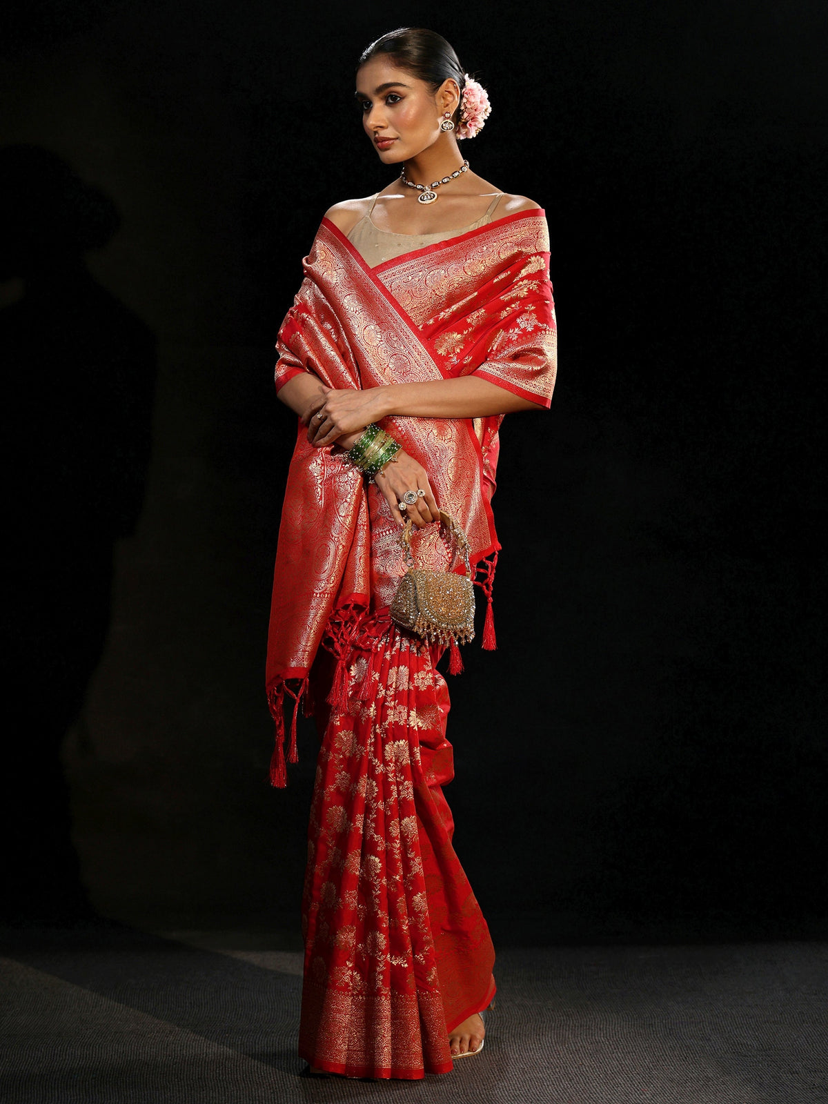 Anouk Vermilion Red Banarasi Silk Blend Saree