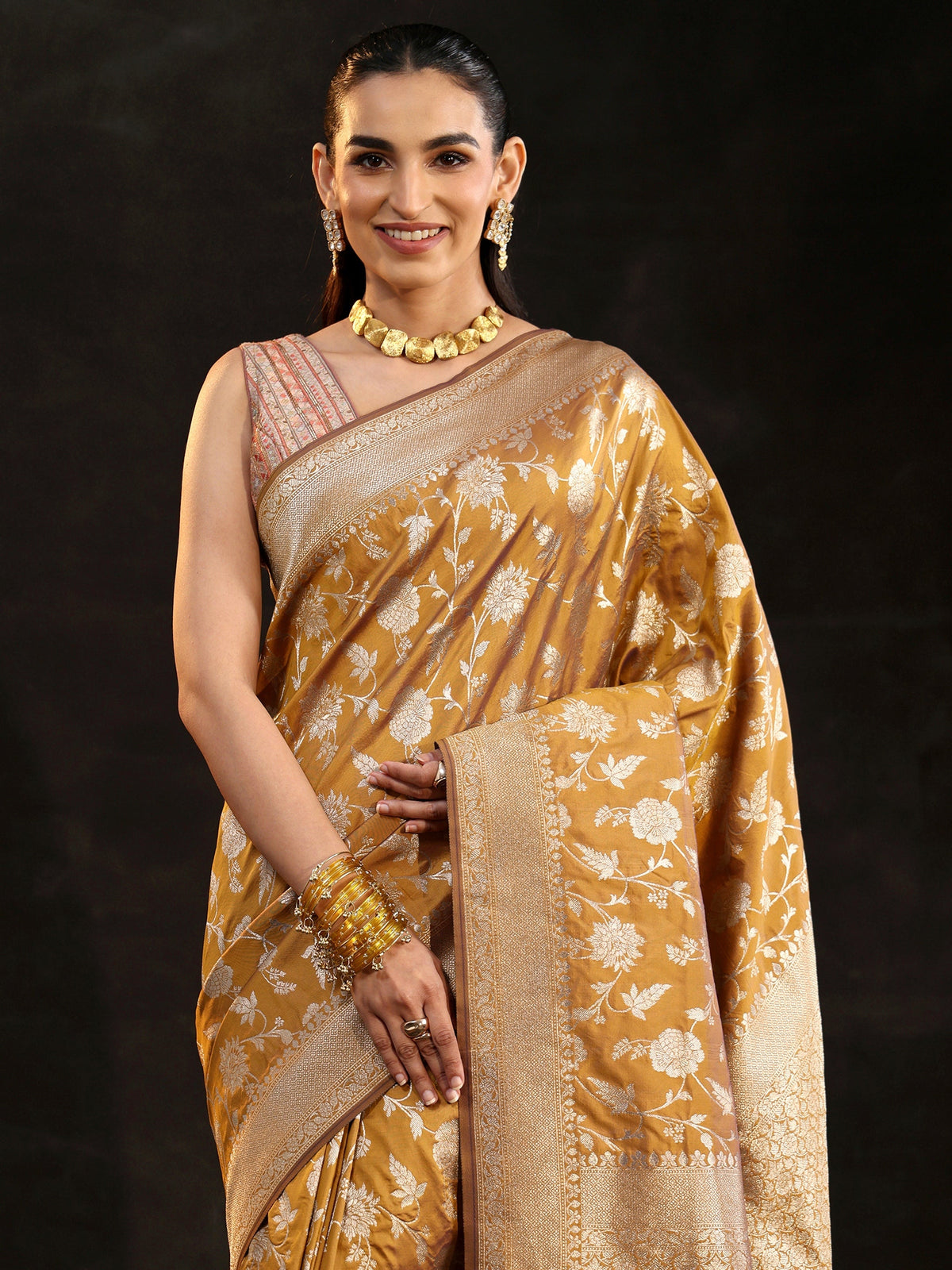 Anouk Mustard Banarasi Silk Blend Saree