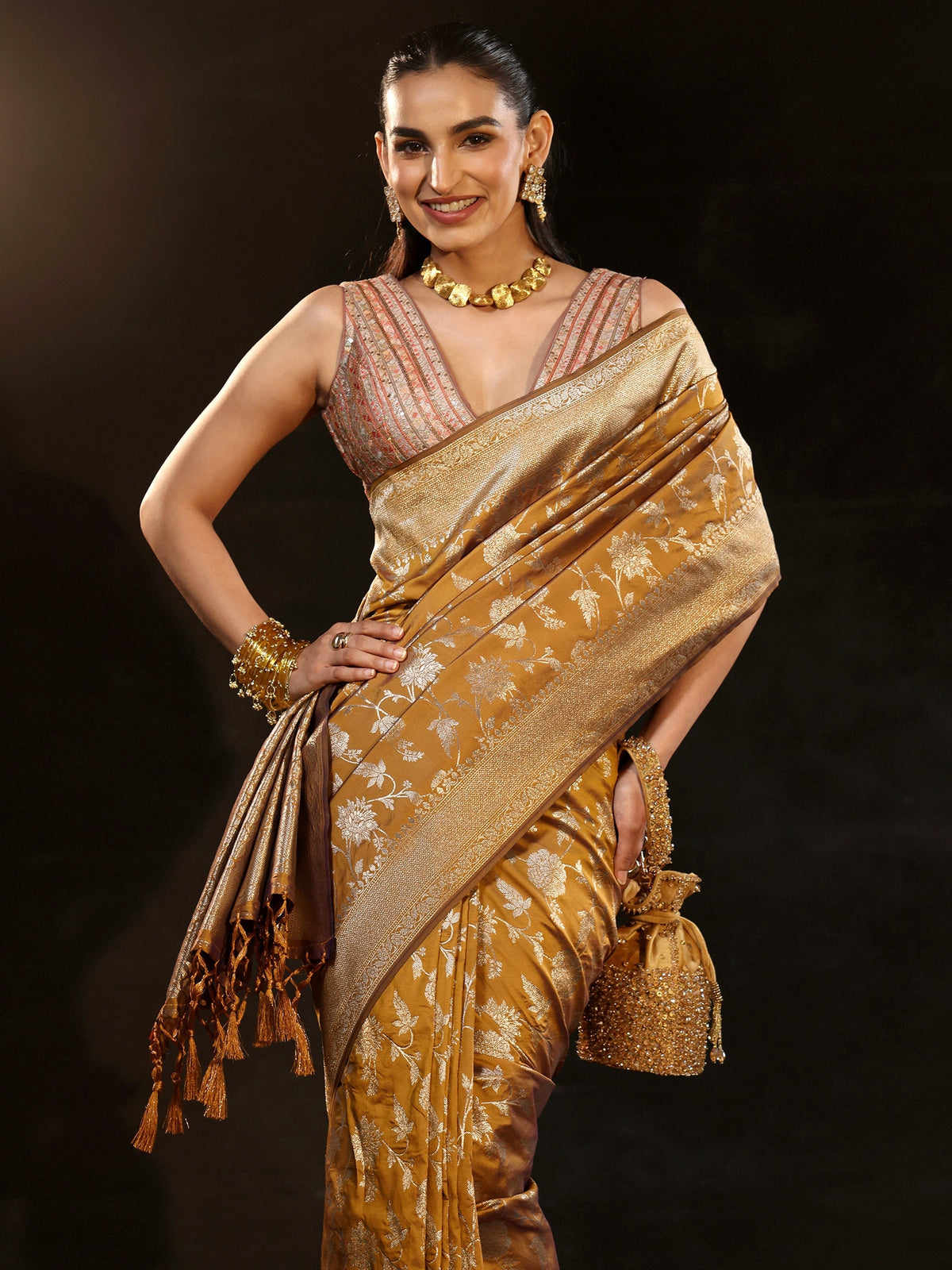 Anouk Mustard Banarasi Silk Blend Saree