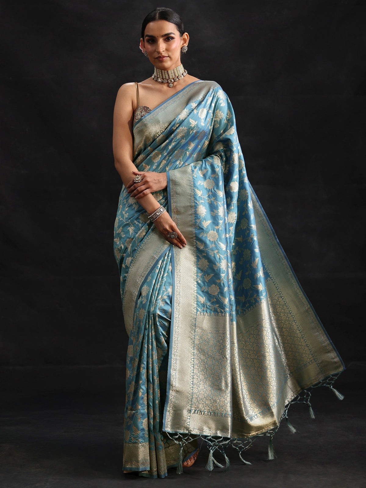 Anouk Dusty Sky Blue Banarasi Silk Blend Saree