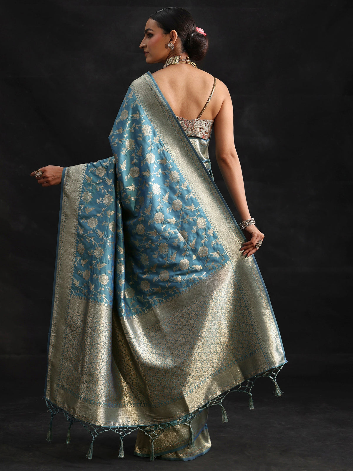 Anouk Dusty Sky Blue Banarasi Silk Blend Saree