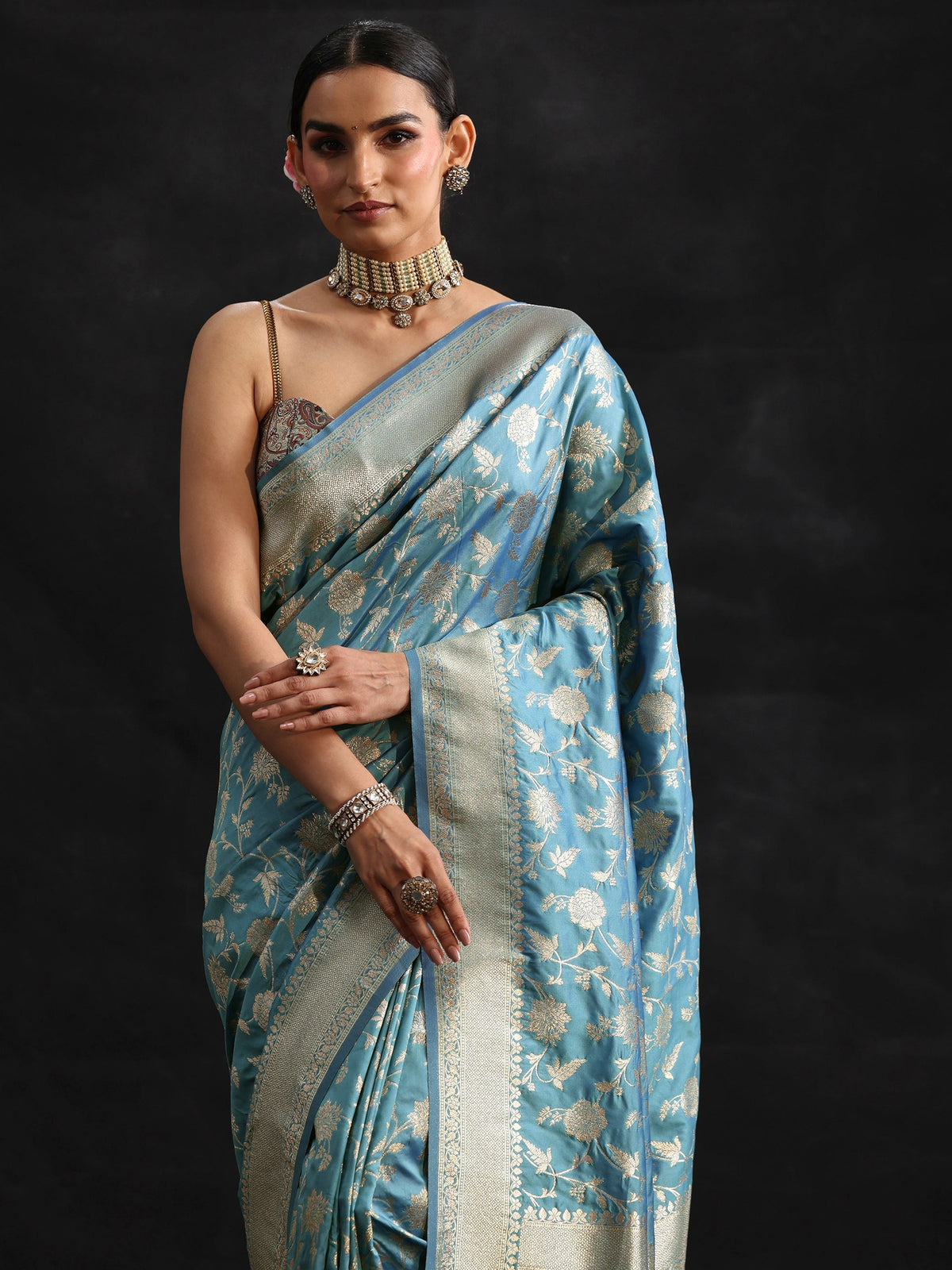 Anouk Dusty Sky Blue Banarasi Silk Blend Saree