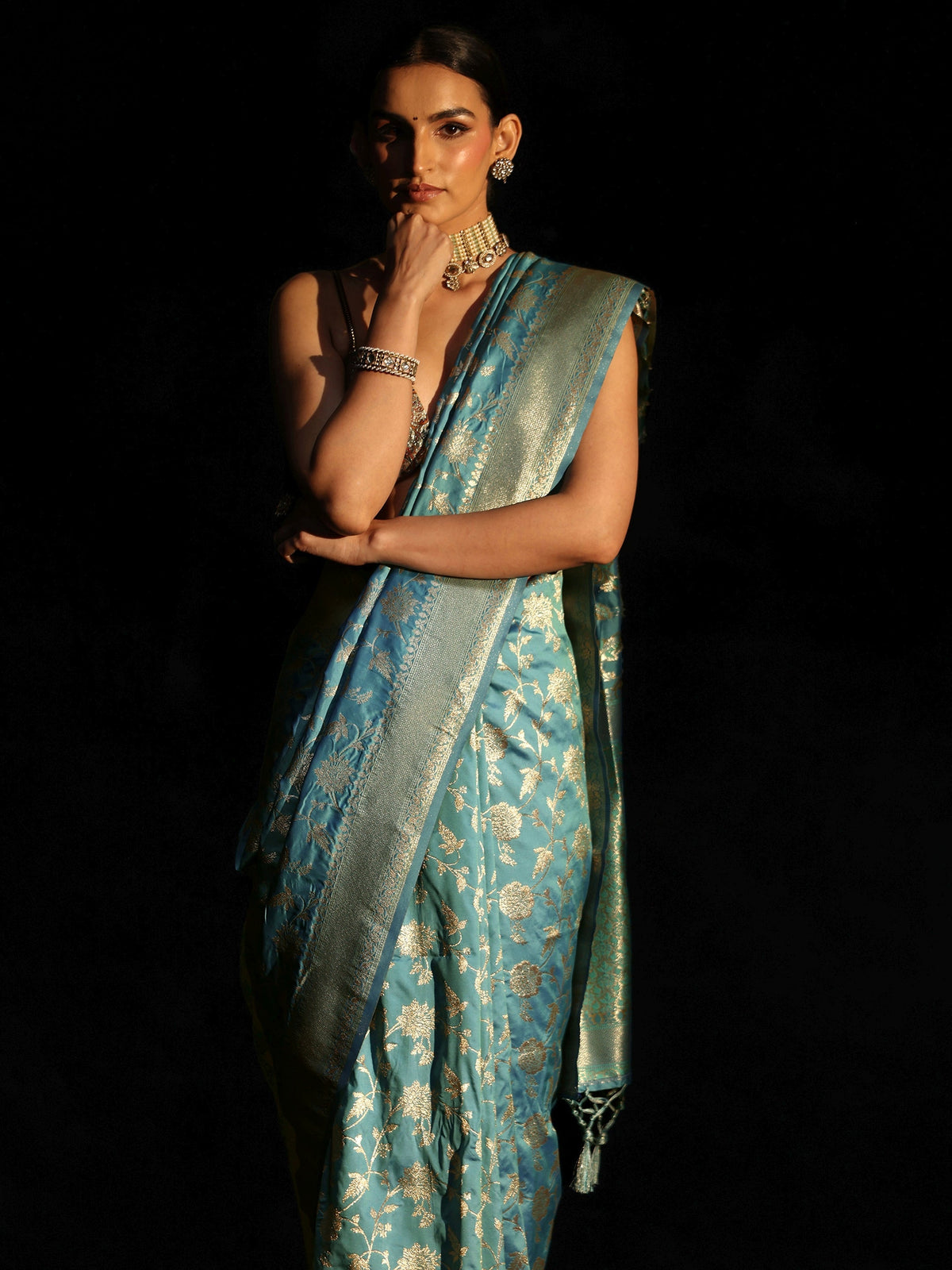 Anouk Dusty Sky Blue Banarasi Silk Blend Saree
