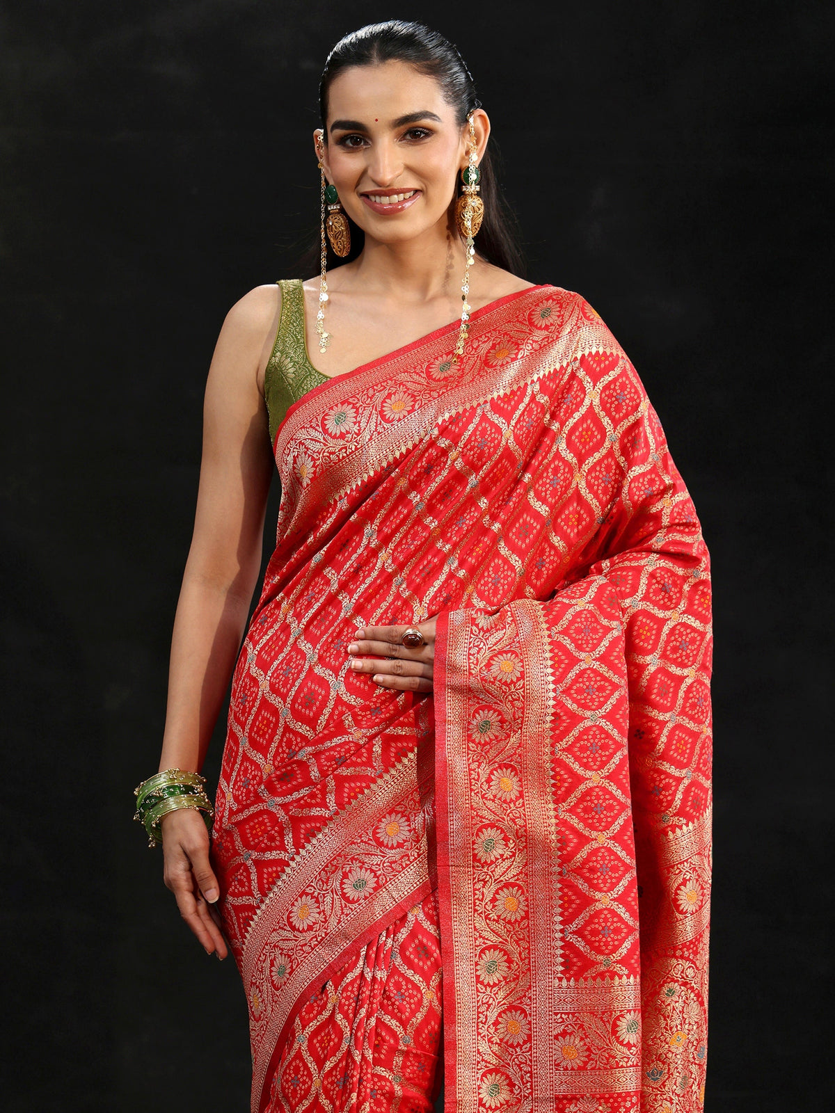 Anouk Vermilion Red Gharchola Silk Blend Saree