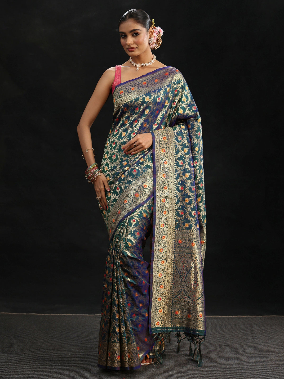 Anouk Navy Blue Meenakari Banarasi Silk Blend Saree