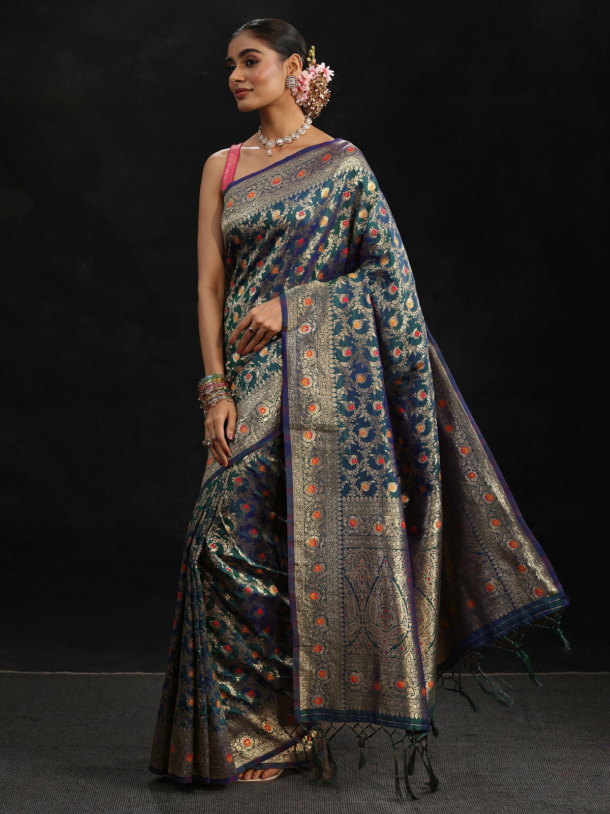Anouk Navy Blue Meenakari Banarasi Silk Blend Saree