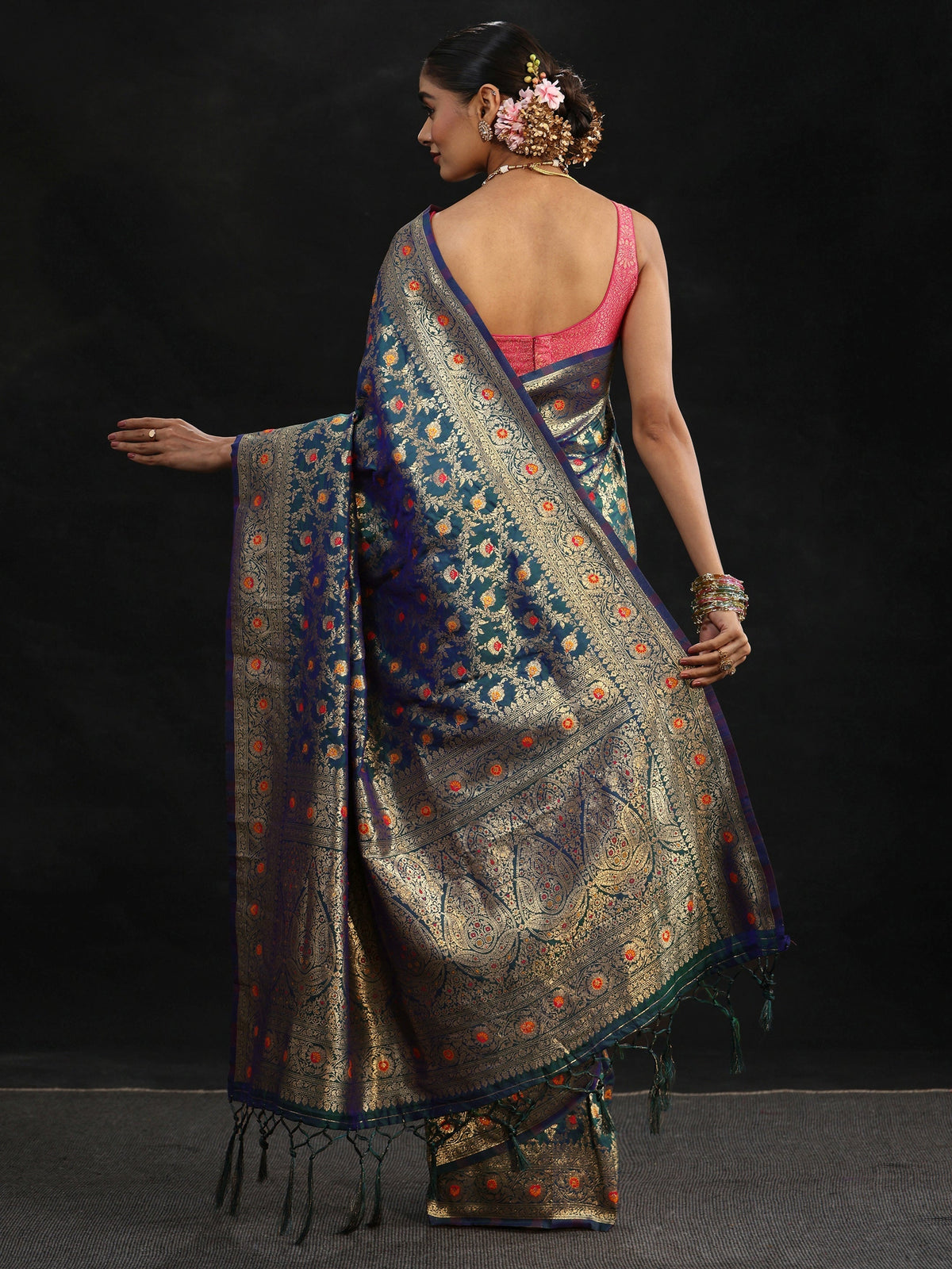Anouk Navy Blue Meenakari Banarasi Silk Blend Saree
