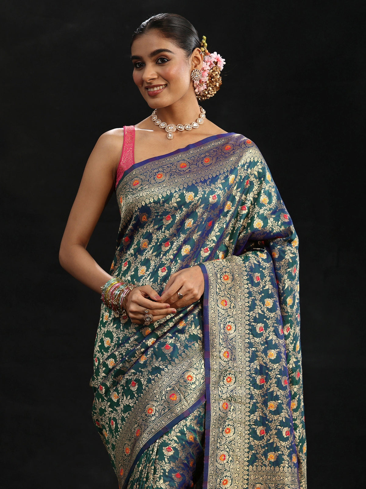 Anouk Navy Blue Meenakari Banarasi Silk Blend Saree