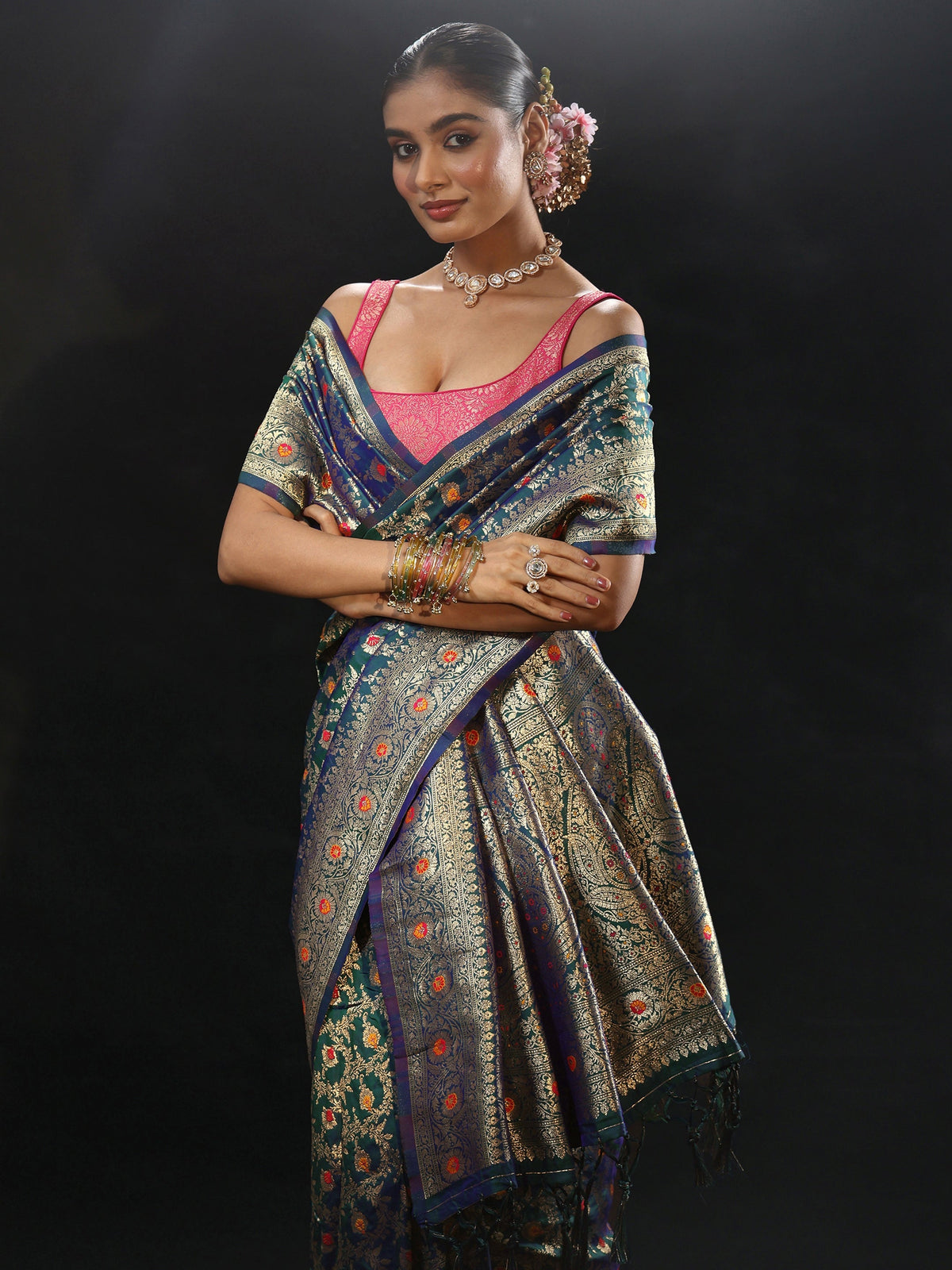 Anouk Navy Blue Meenakari Banarasi Silk Blend Saree