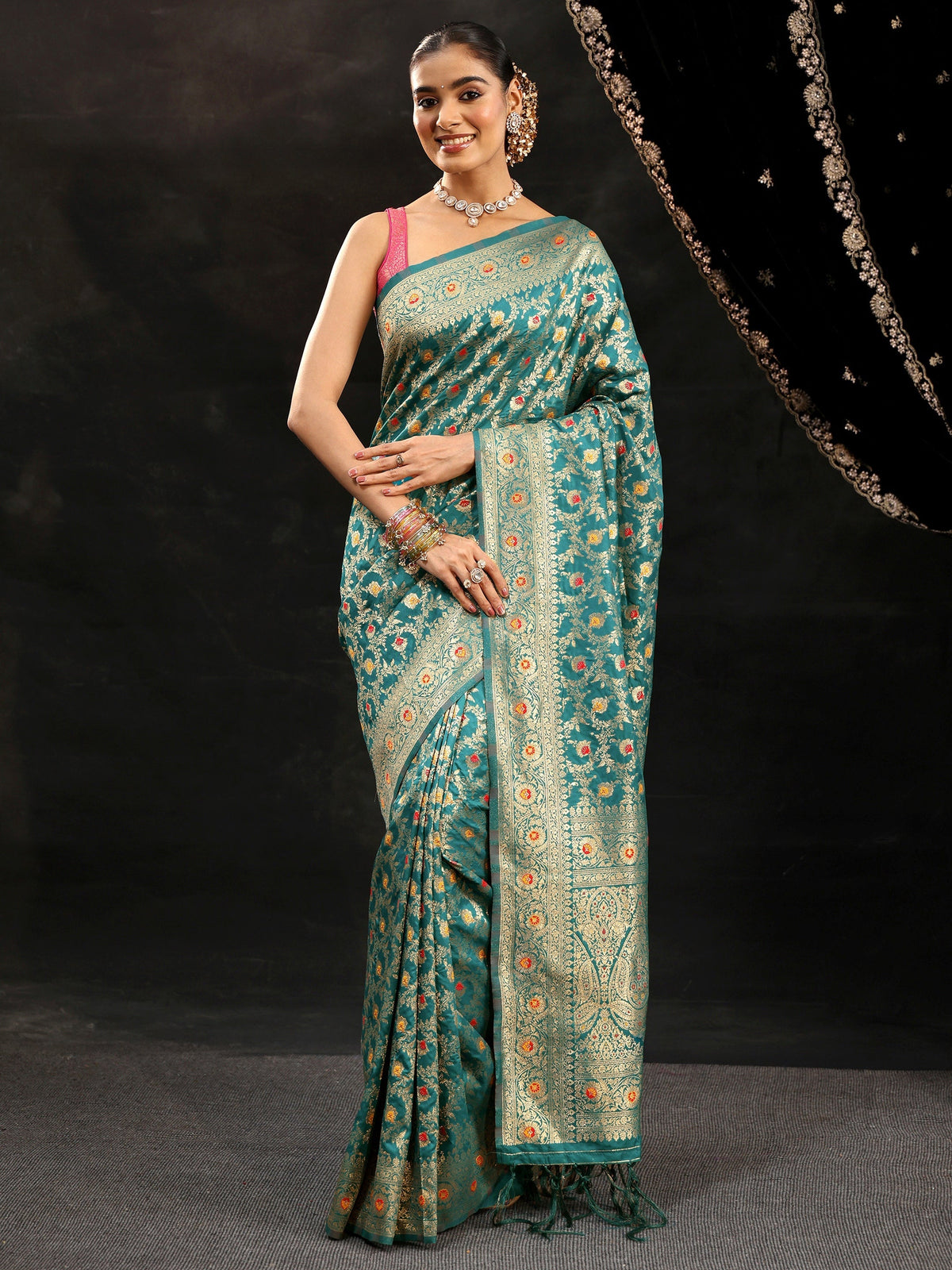 Anouk Teal Green Meenakari Banarasi Silk Blend Saree