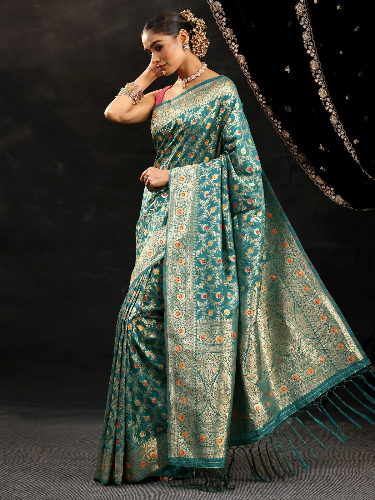 Anouk Teal Green Meenakari Banarasi Silk Blend Saree