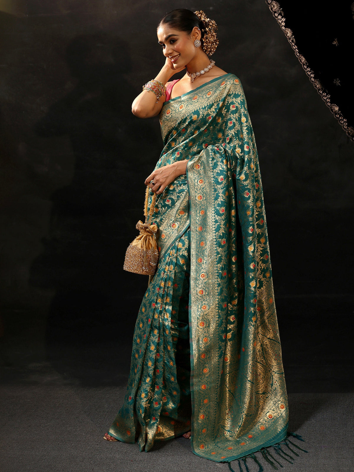 Anouk Teal Green Meenakari Banarasi Silk Blend Saree