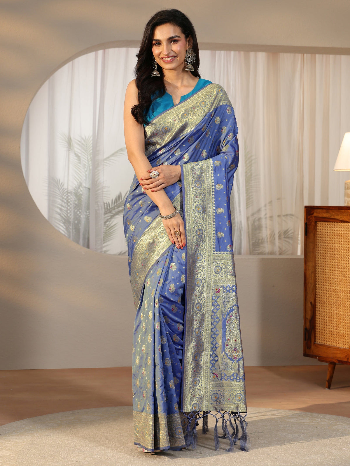Anouk Dusty Blue Banarasi Silk Blend Saree