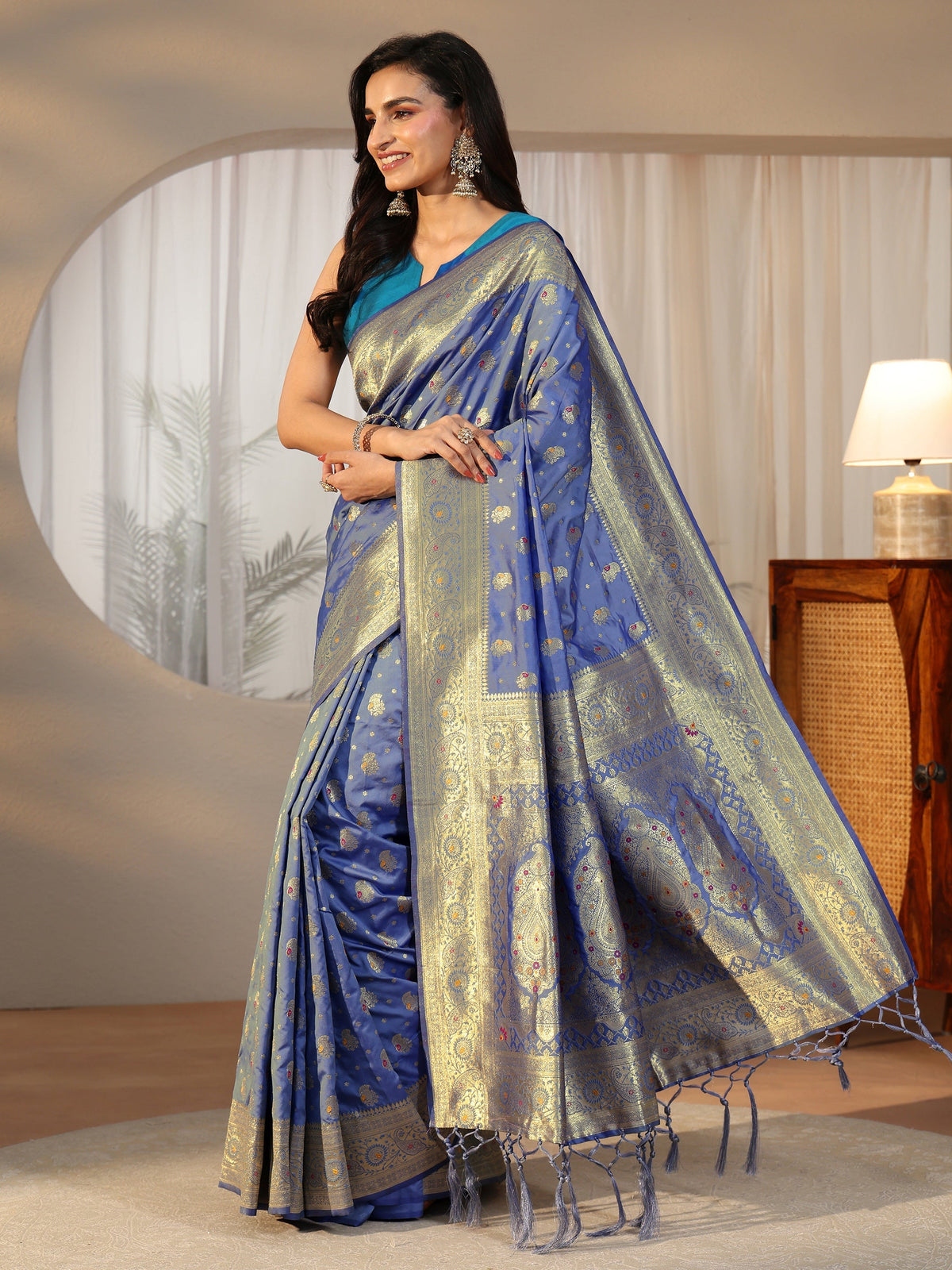 Anouk Dusty Blue Banarasi Silk Blend Saree