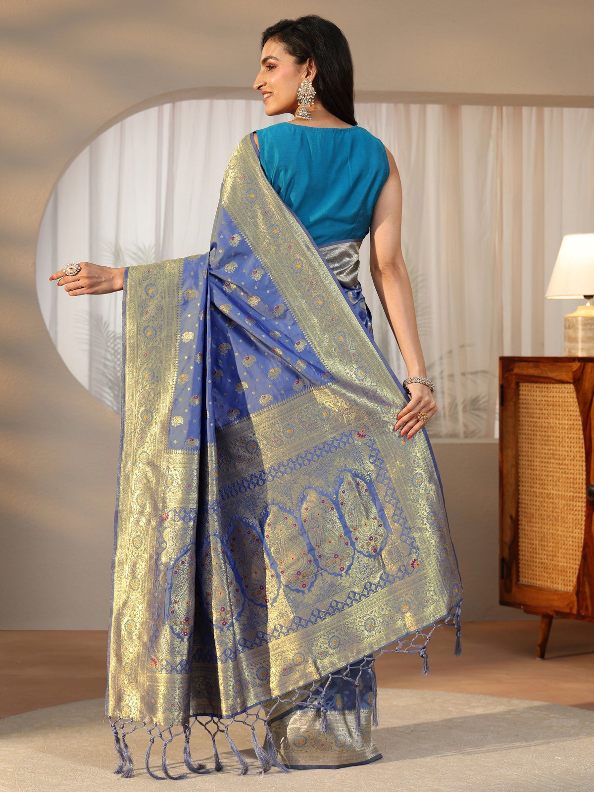 Anouk Dusty Blue Banarasi Silk Blend Saree
