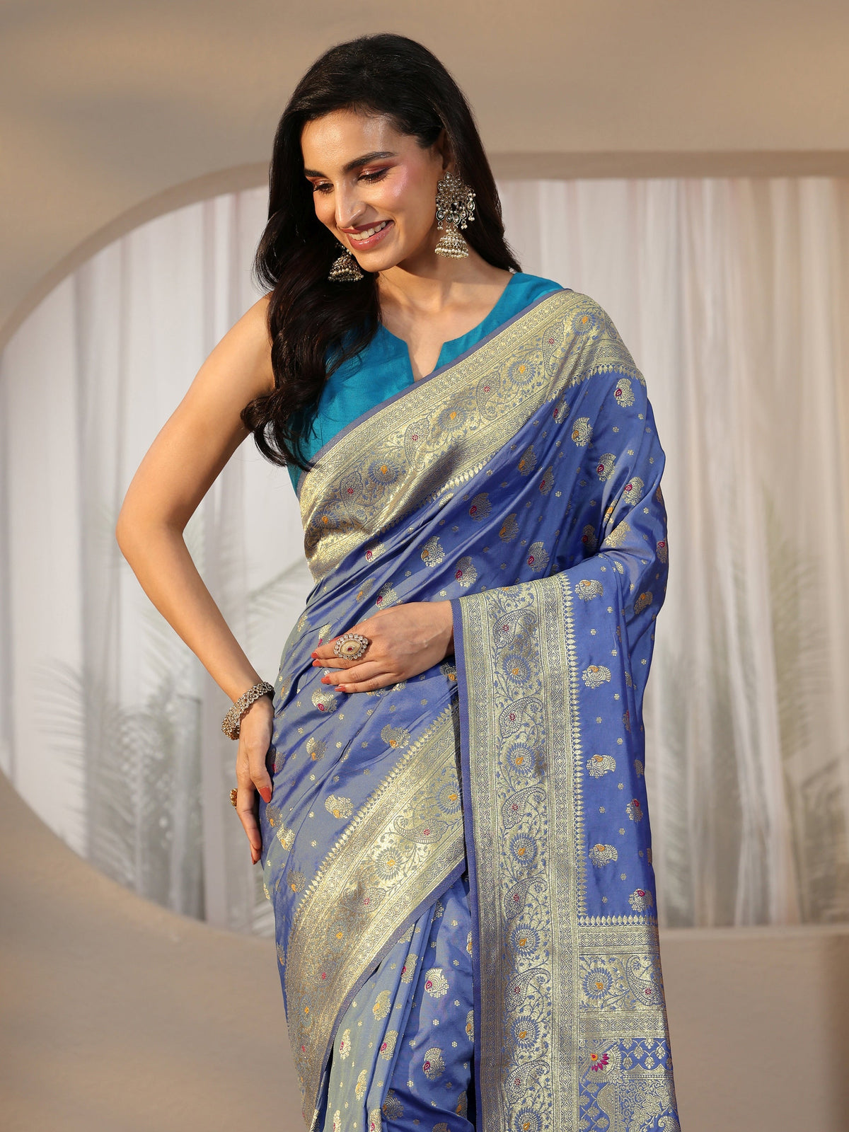 Anouk Dusty Blue Banarasi Silk Blend Saree