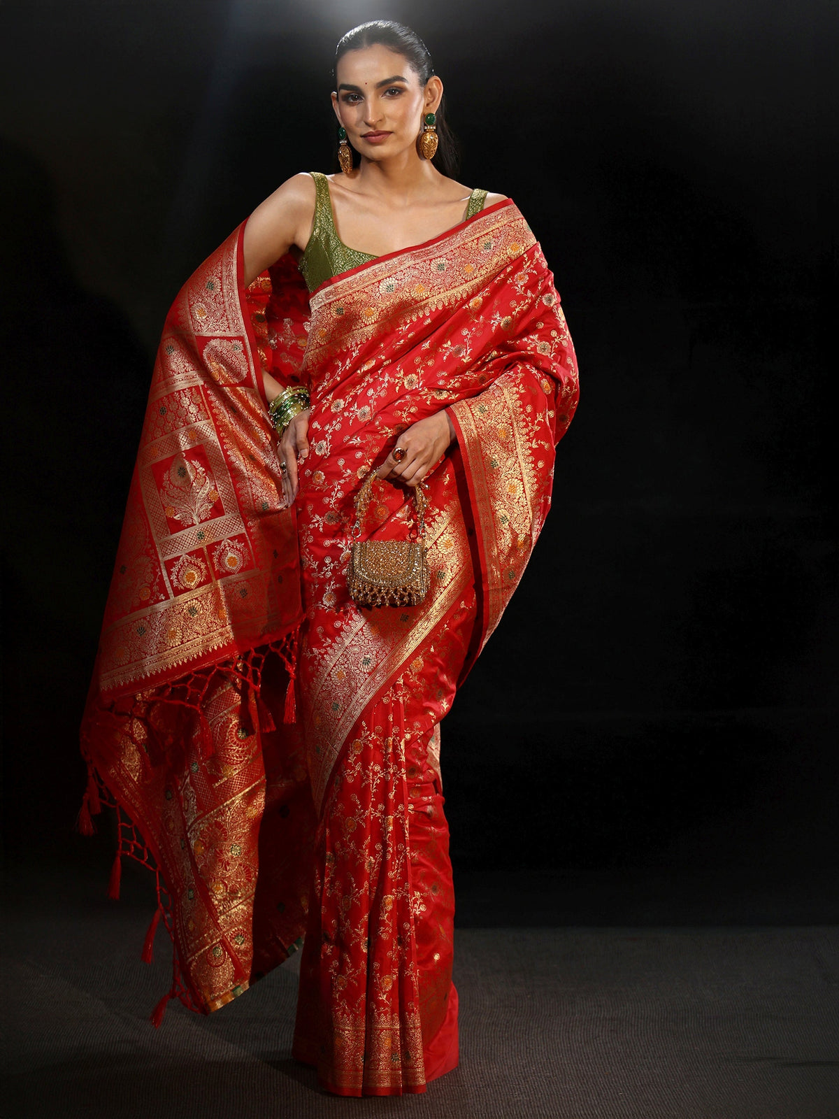 Anouk Vermilion Red Meenakari Banarasi Silk Blend Saree