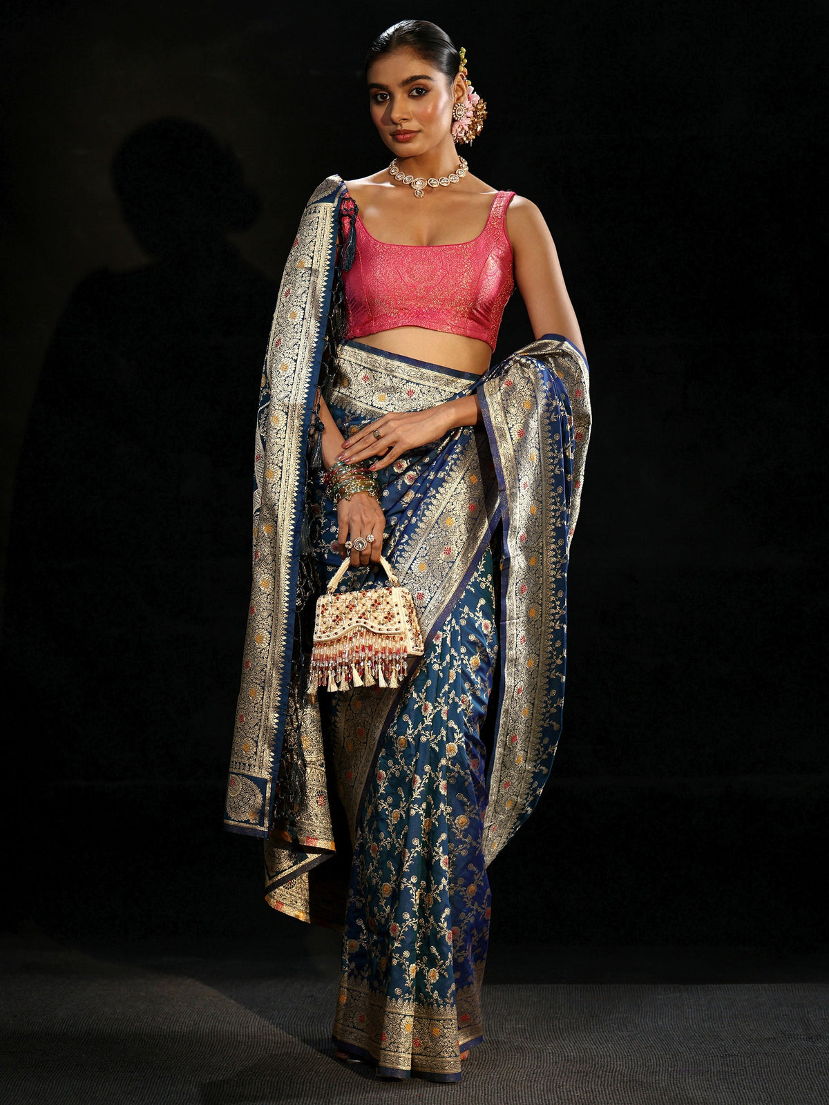 Anouk Royal Blue Meenakari Banarasi Silk Blend Saree