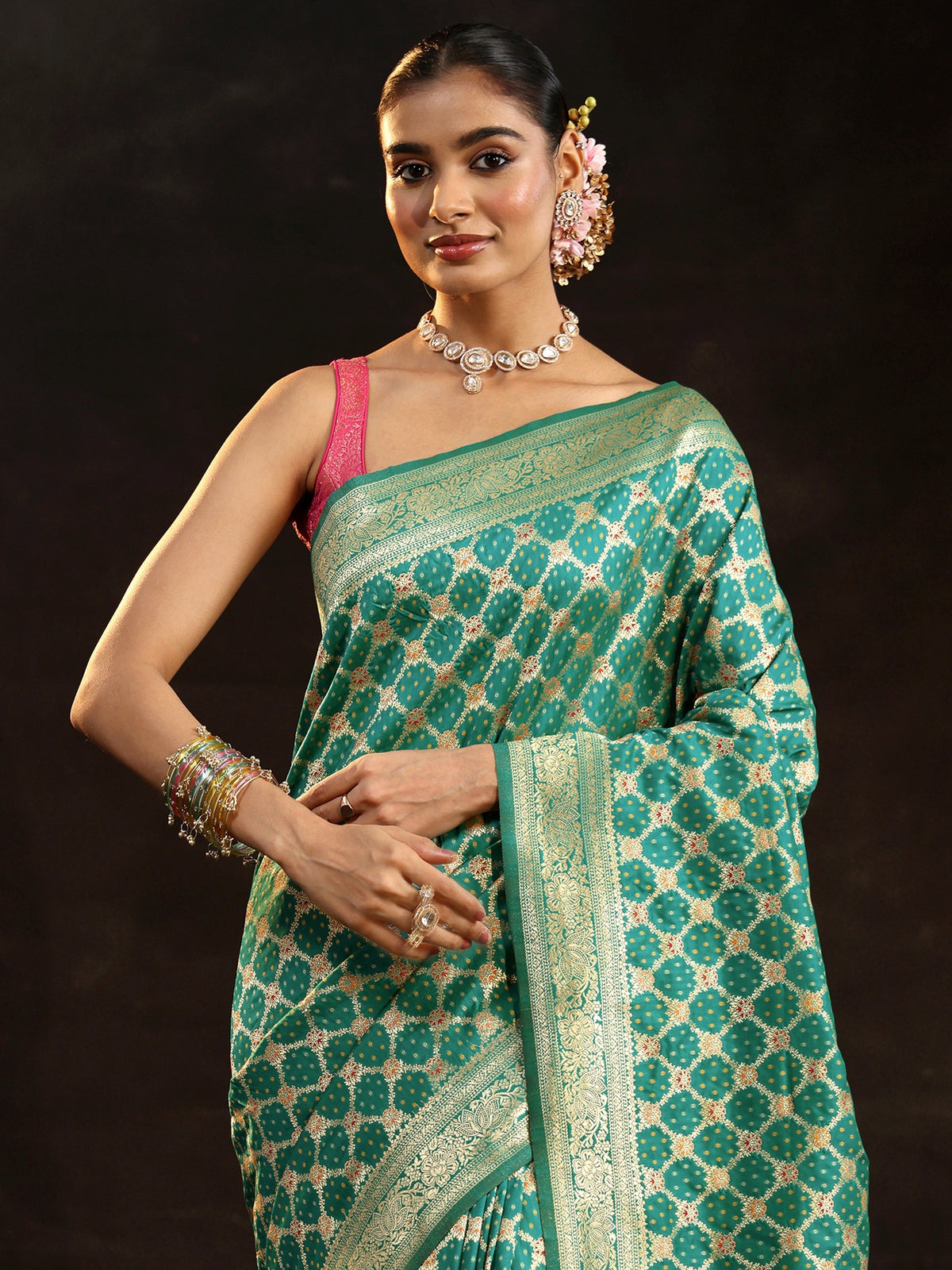 Anouk Teal Green Banarasi Silk Blend Saree