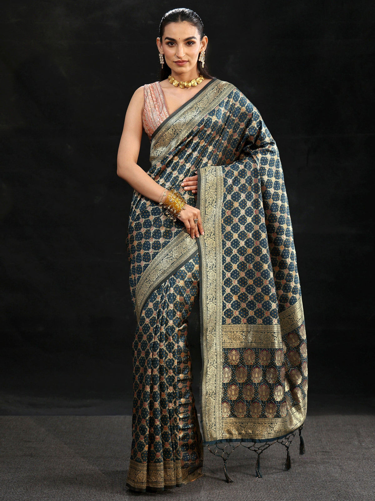 Anouk Navy Blue Banarasi Silk Blend Saree