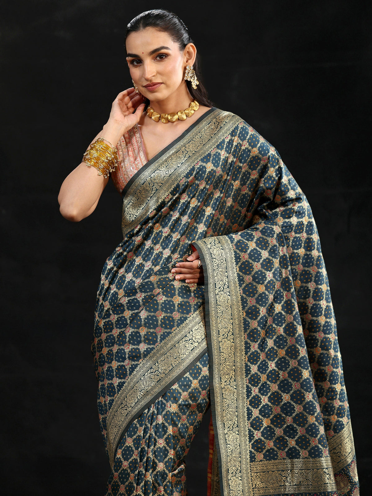 Anouk Navy Blue Banarasi Silk Blend Saree