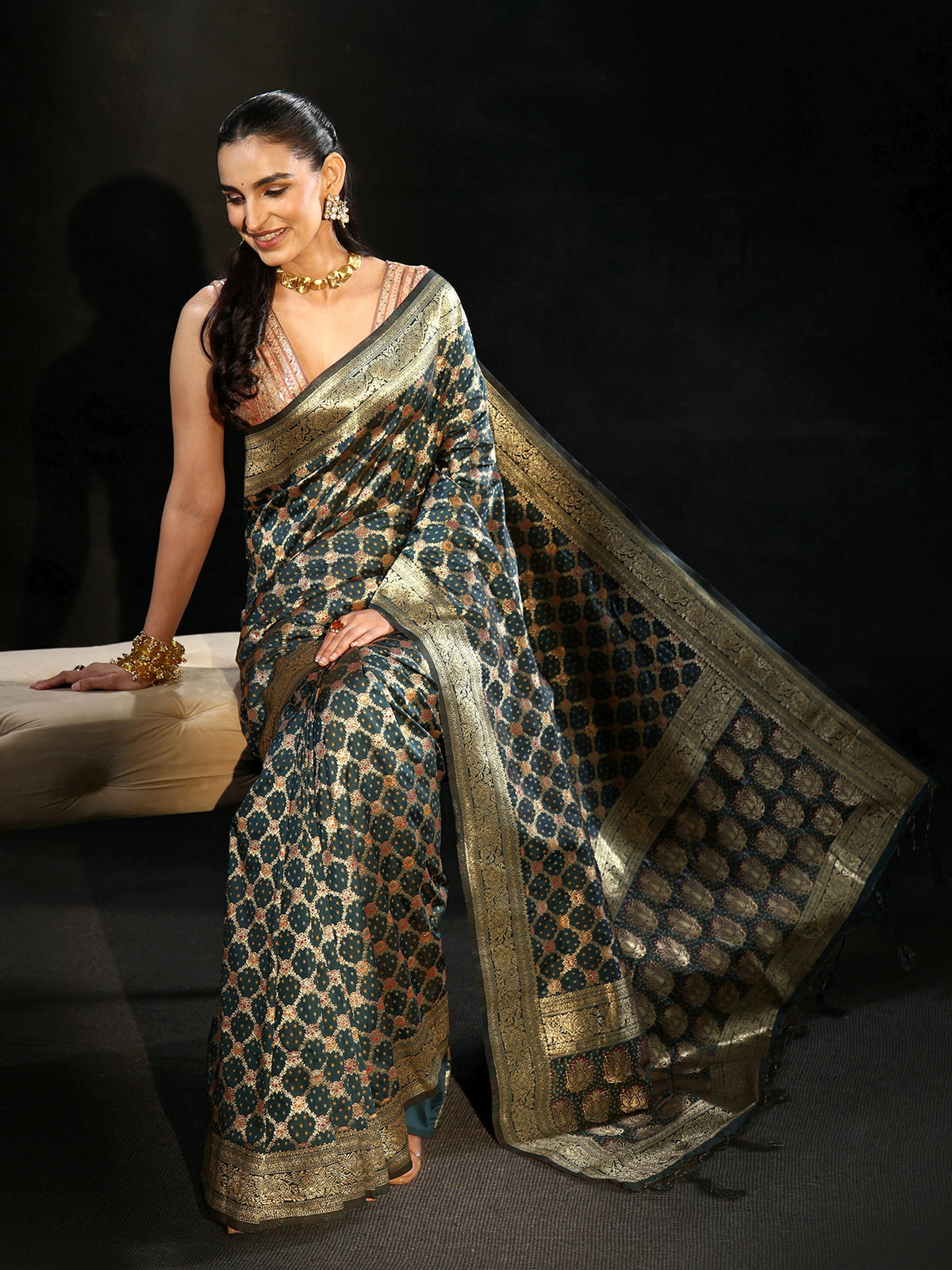 Anouk Navy Blue Banarasi Silk Blend Saree