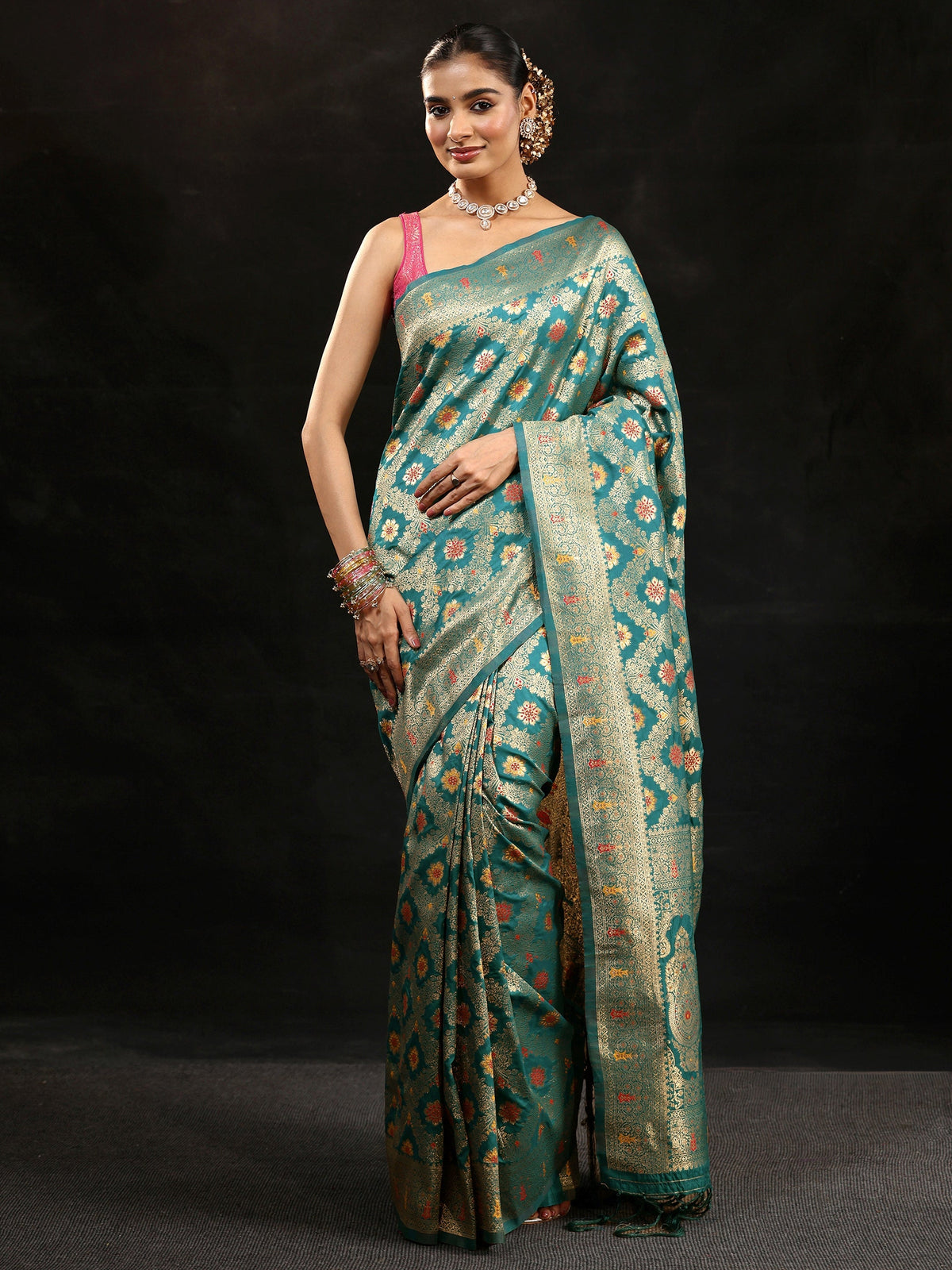 Anouk Teal Green Meenakari Banarasi Silk Blend Saree