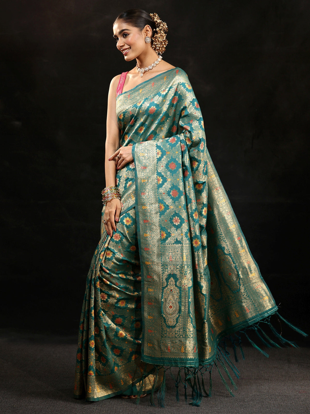 Anouk Teal Green Meenakari Banarasi Silk Blend Saree