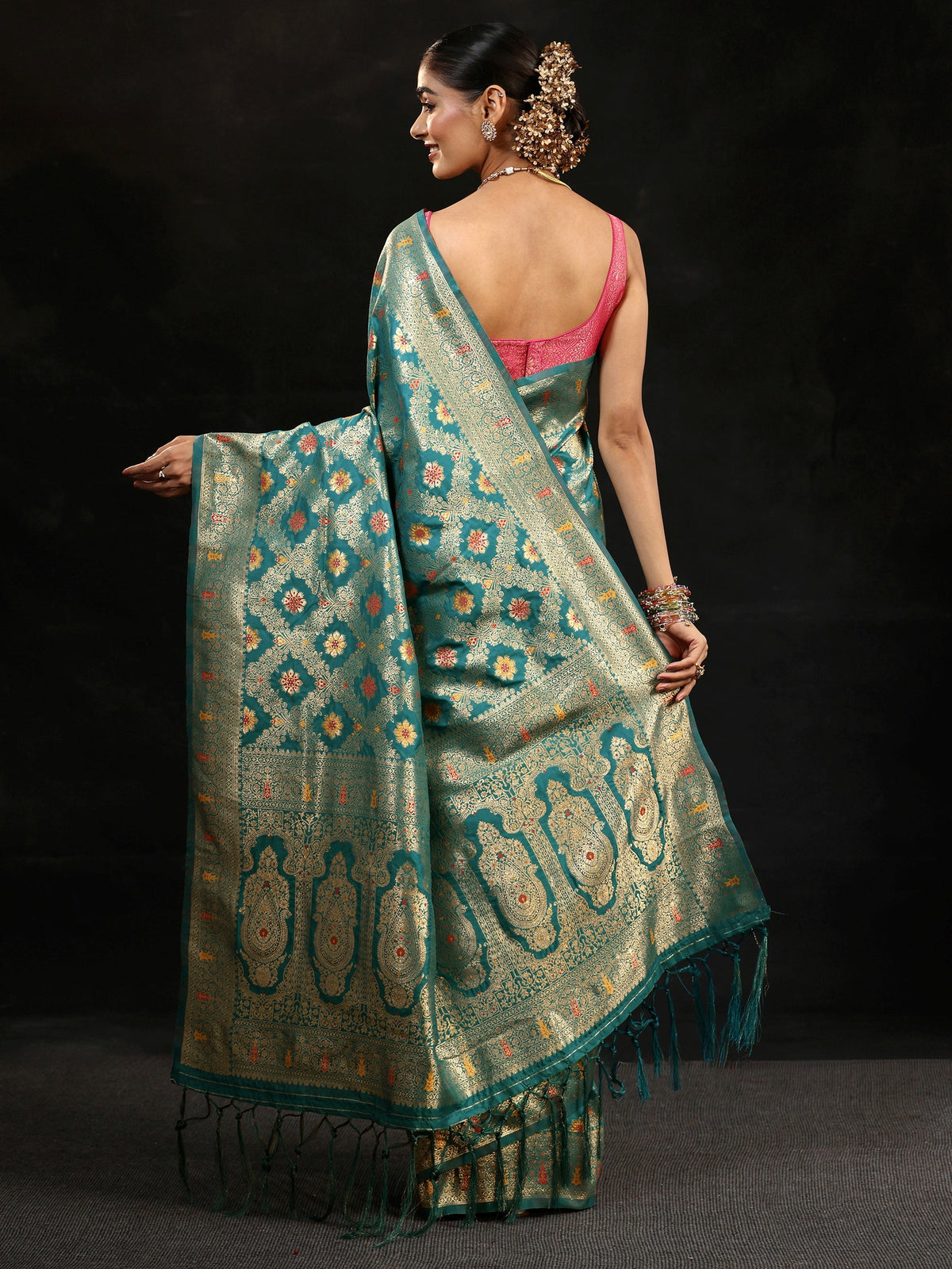 Anouk Teal Green Meenakari Banarasi Silk Blend Saree