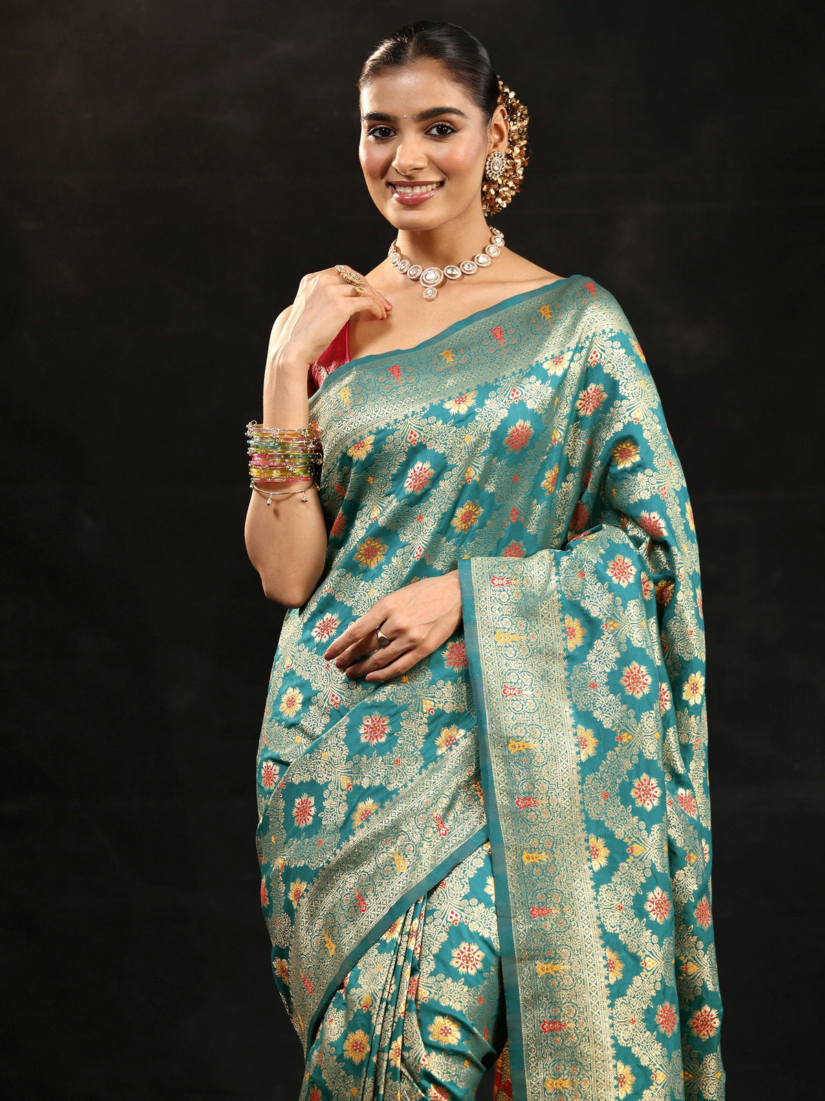 Anouk Teal Green Meenakari Banarasi Silk Blend Saree