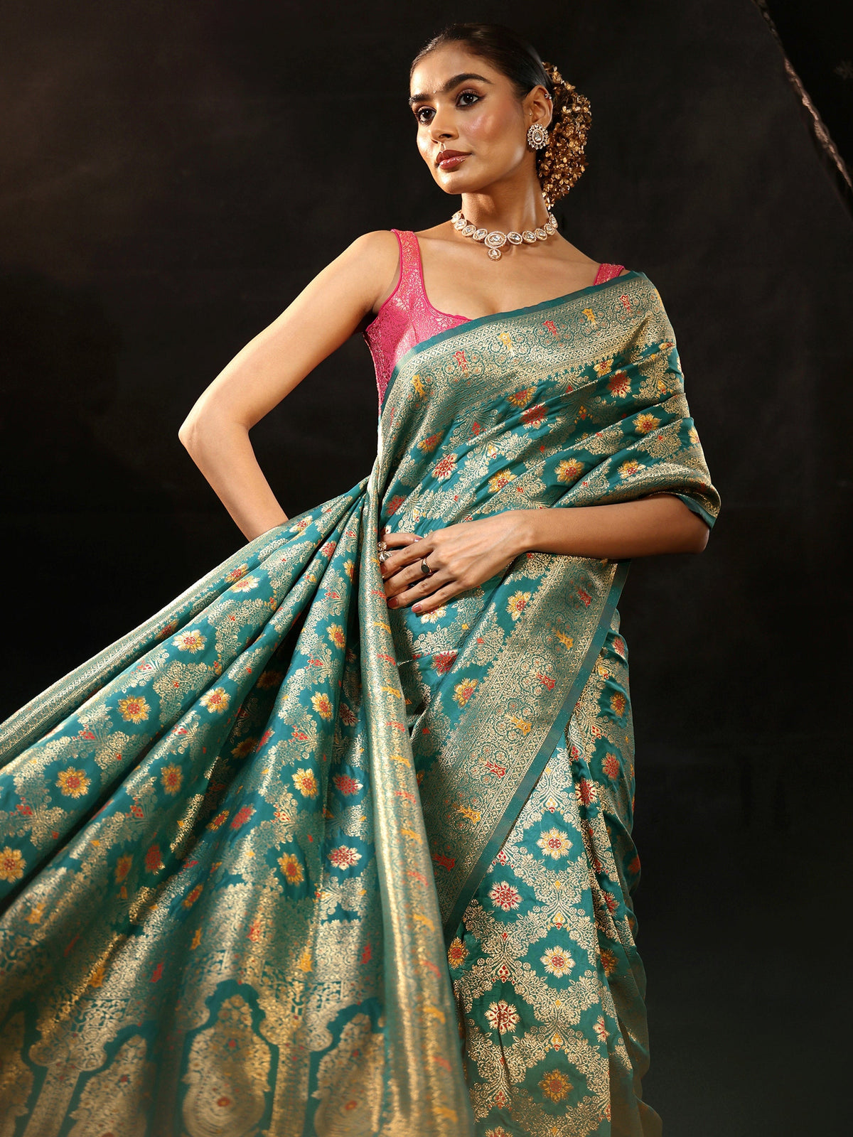 Anouk Teal Green Meenakari Banarasi Silk Blend Saree