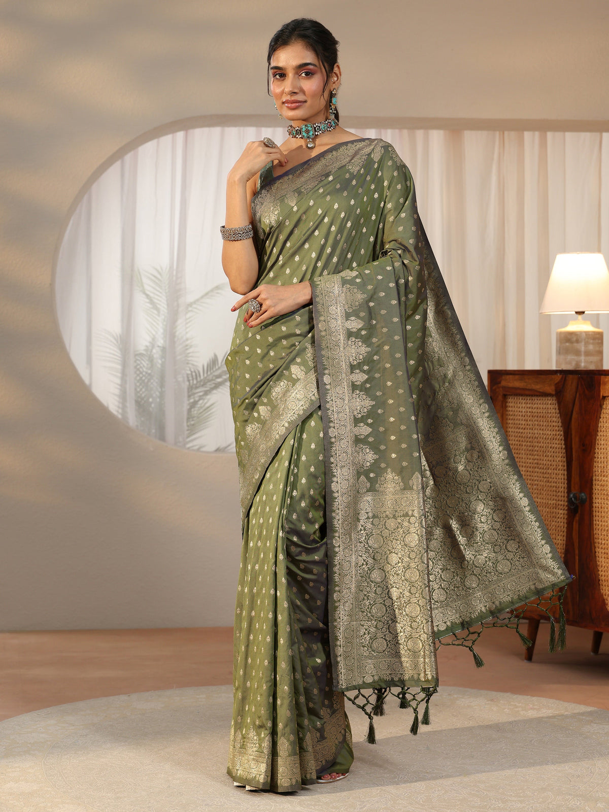 Anouk Dusty Olive Green Banarasi Silk Blend Saree