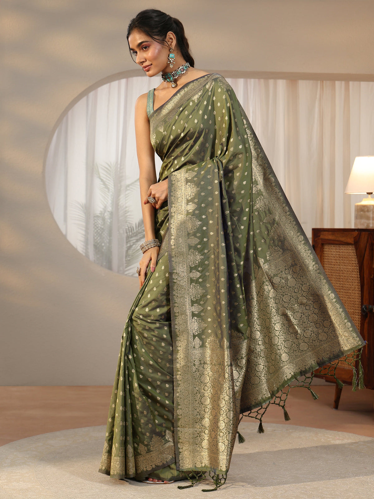 Anouk Dusty Olive Green Banarasi Silk Blend Saree