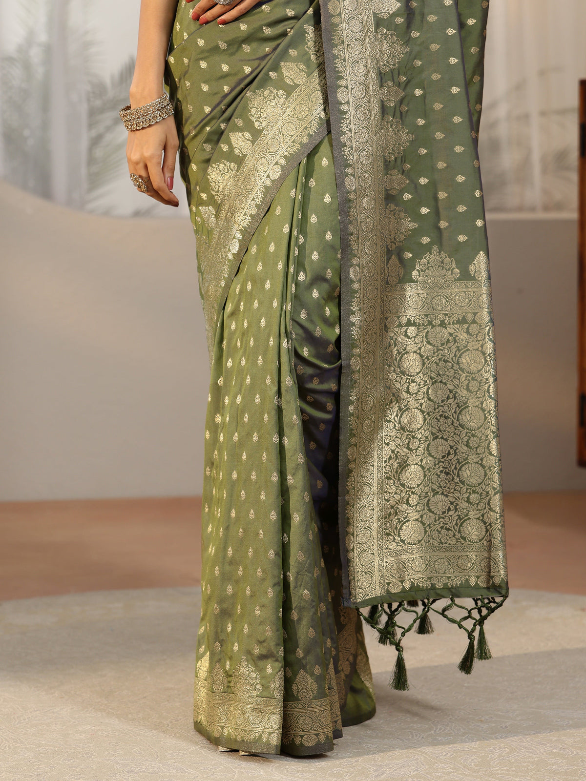Anouk Dusty Olive Green Banarasi Silk Blend Saree