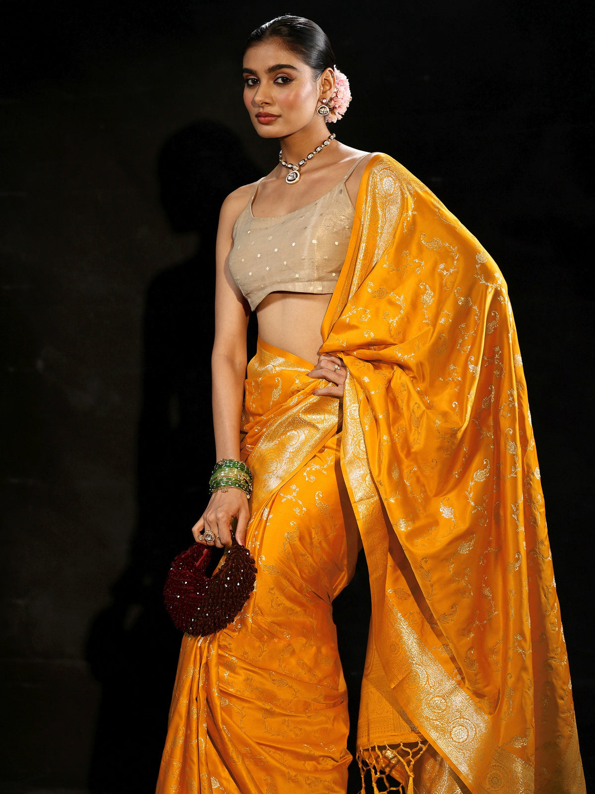 Anouk Mustard Banarasi Silk Blend Saree