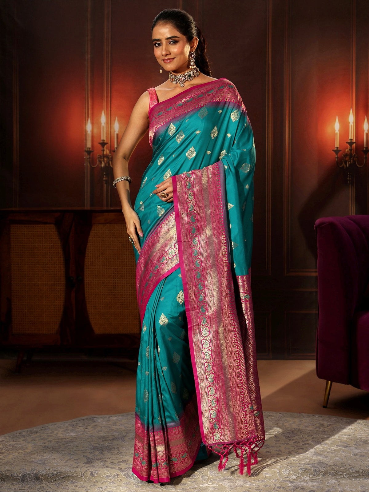 Anouk Teal Green Banarasi Silk Blend Saree