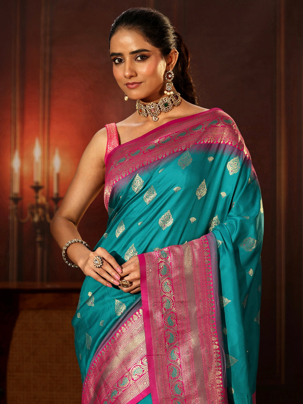 Anouk Teal Green Banarasi Silk Blend Saree