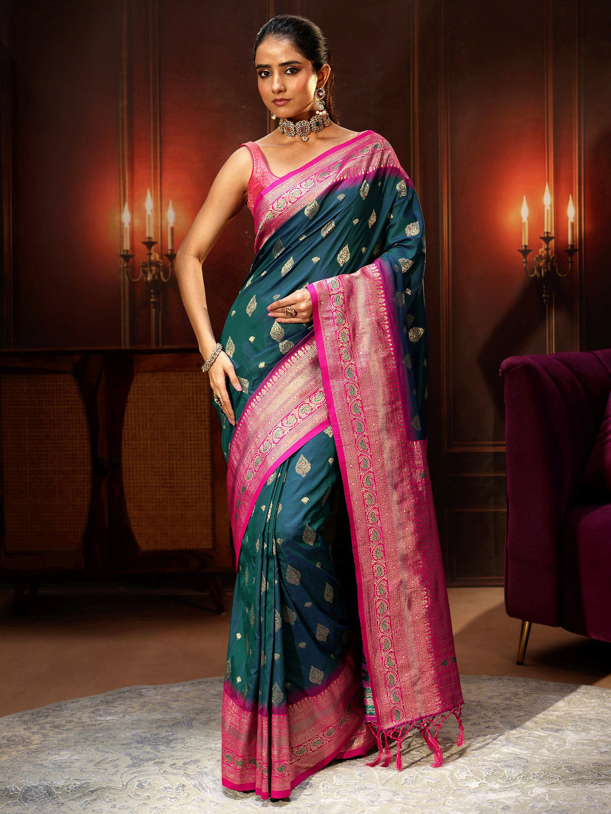Anouk Navy Blue Banarasi Silk Blend Saree