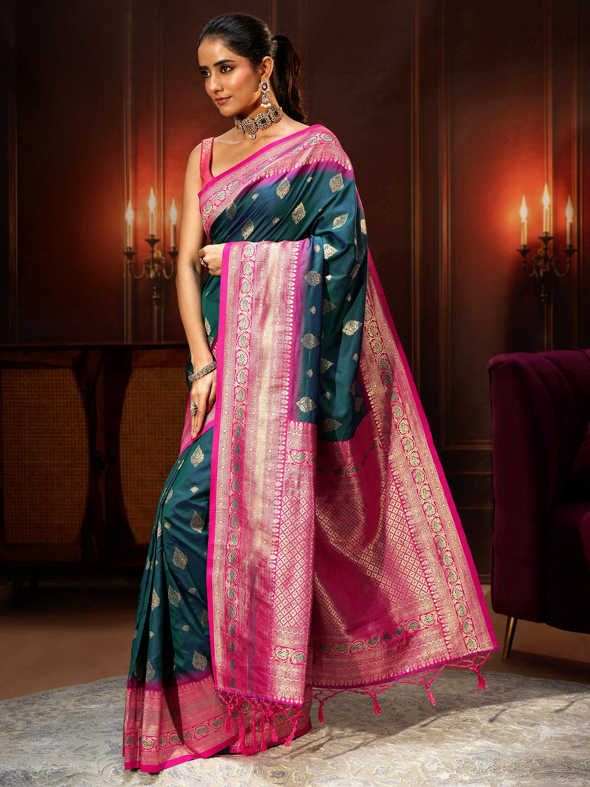 Anouk Navy Blue Banarasi Silk Blend Saree