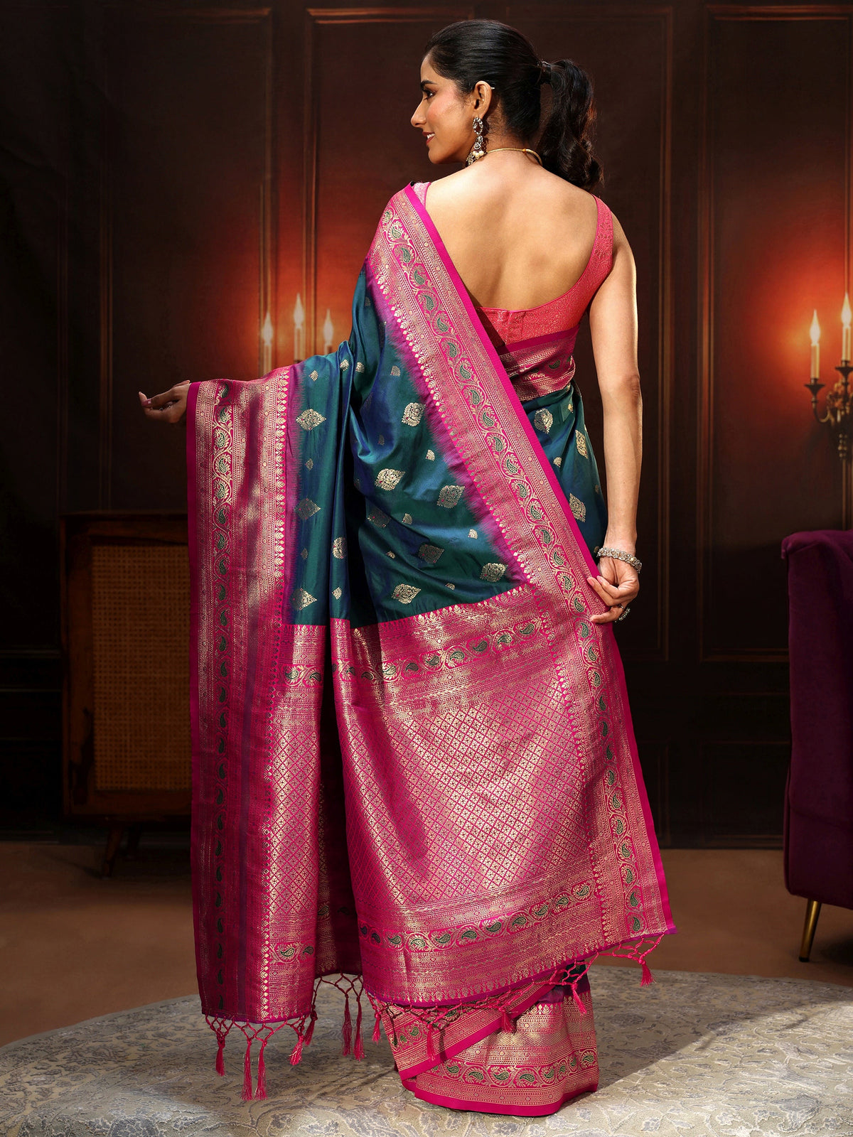 Anouk Navy Blue Banarasi Silk Blend Saree