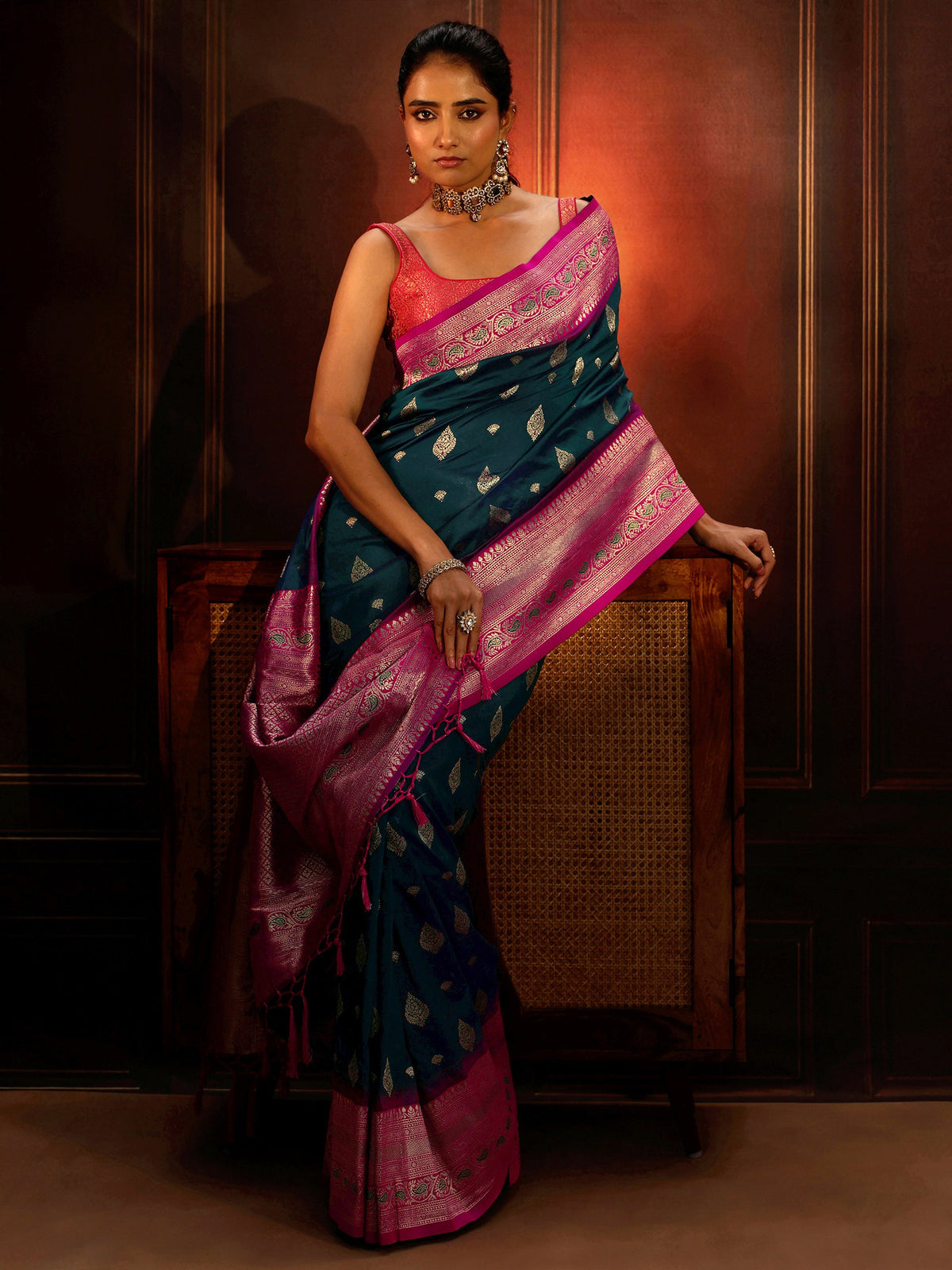 Anouk Navy Blue Banarasi Silk Blend Saree