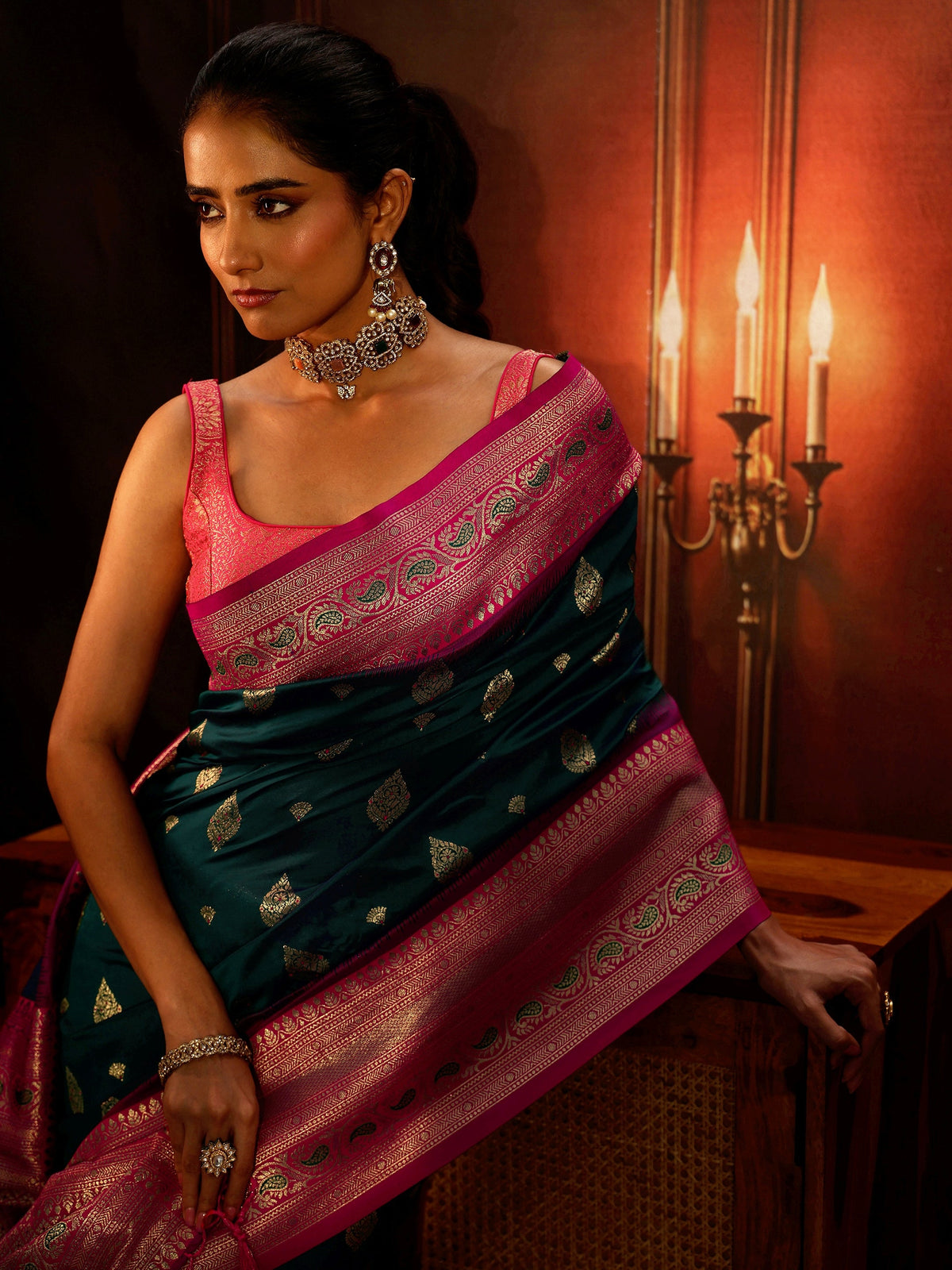 Anouk Navy Blue Banarasi Silk Blend Saree