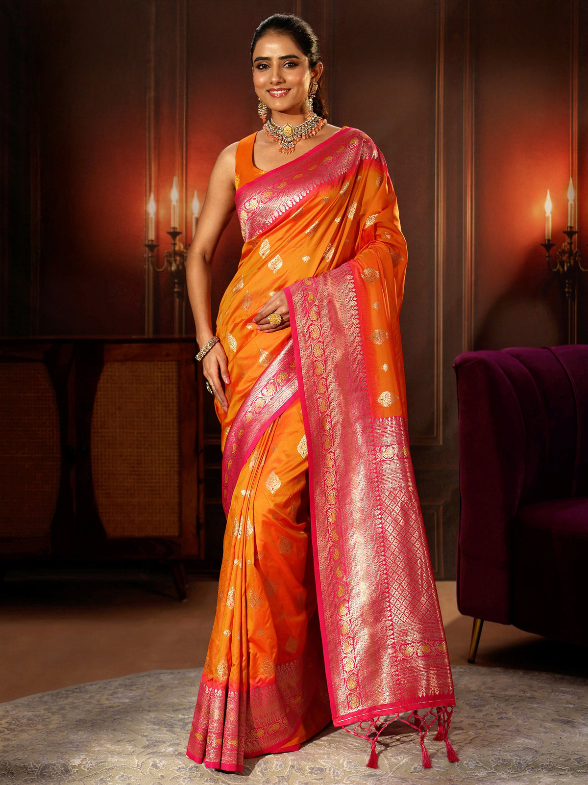 Anouk Mustard Banarasi Silk Blend Saree