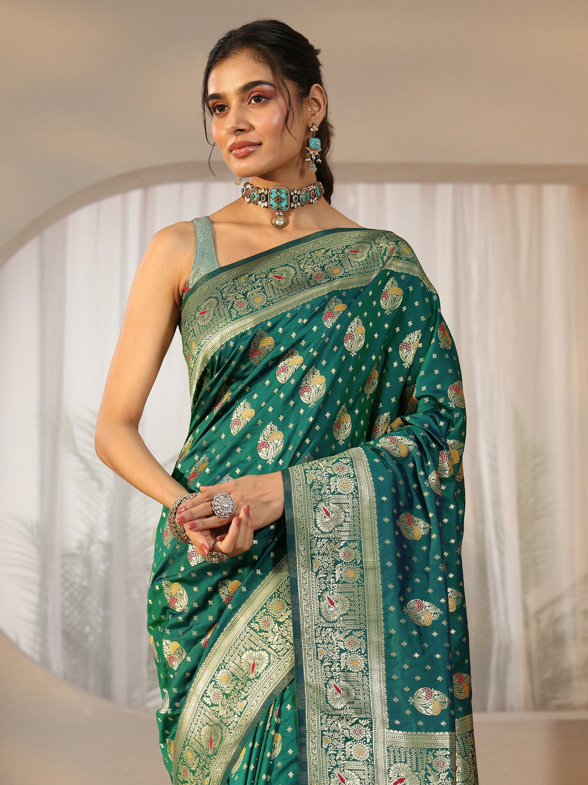 Anouk Teal Green Banarasi Silk Blend Saree