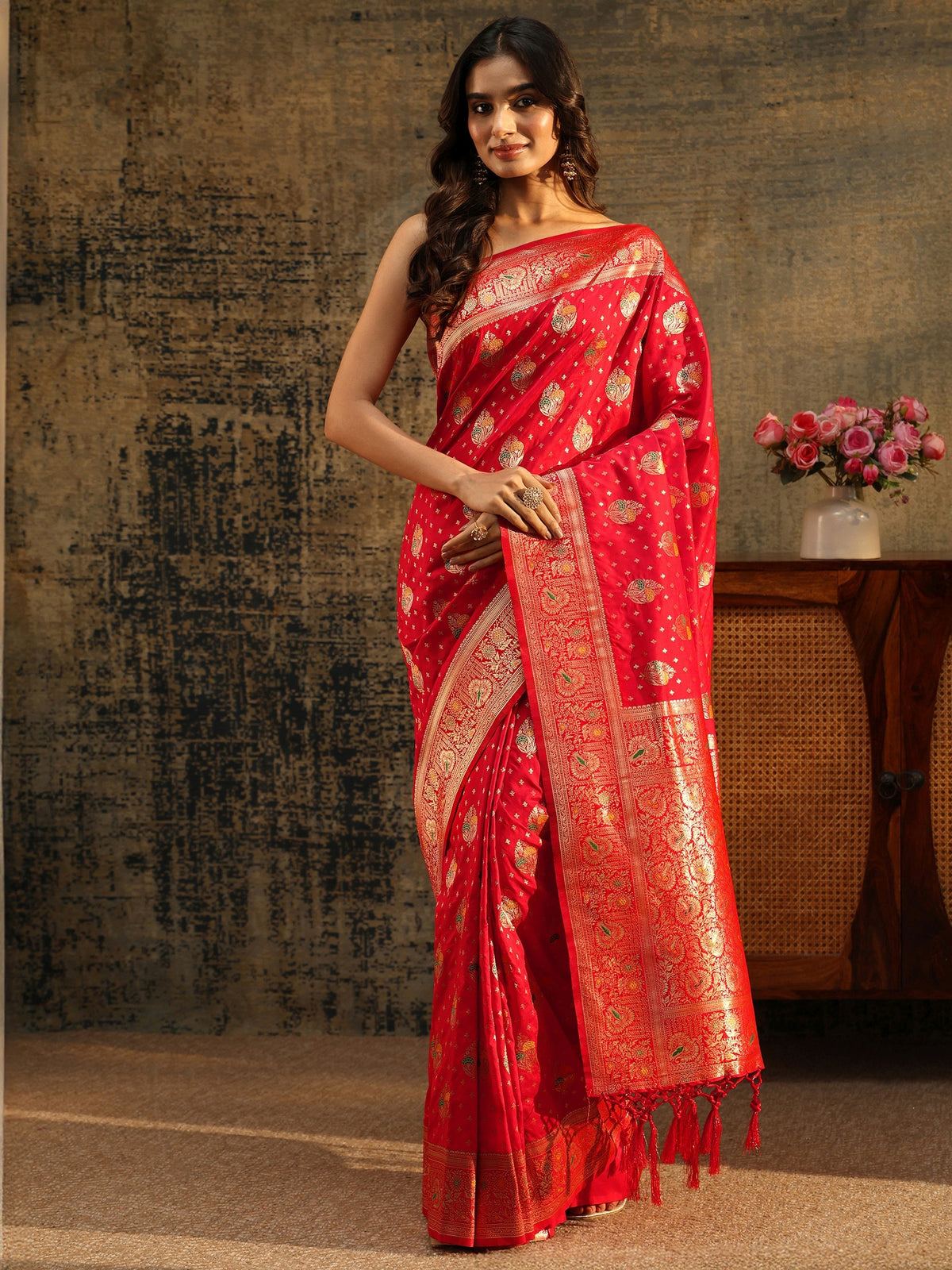 Anouk Vermilion Red Banarasi Silk Blend Saree